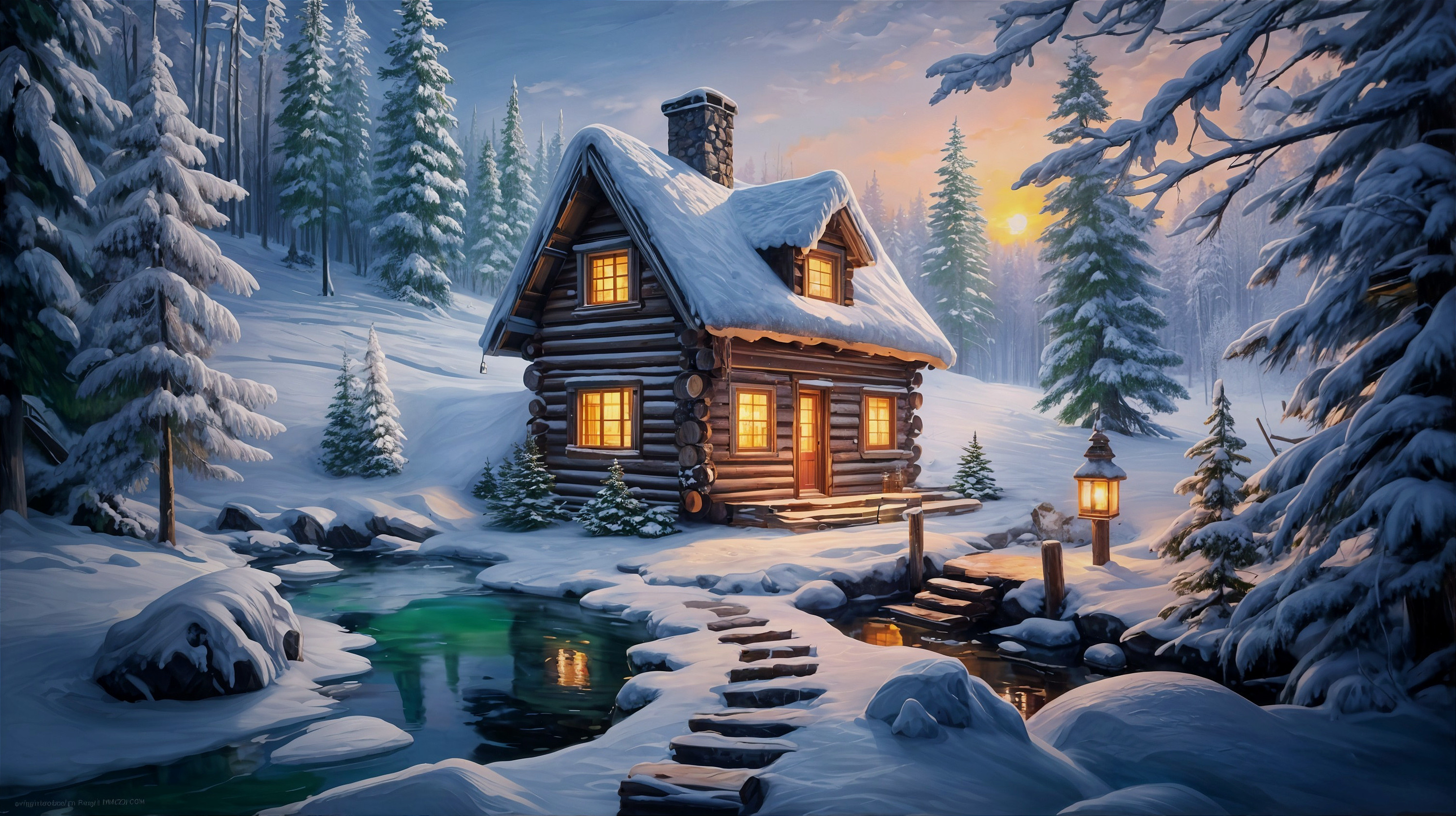 Winter Cabin Scene with Snow-Covered Trees