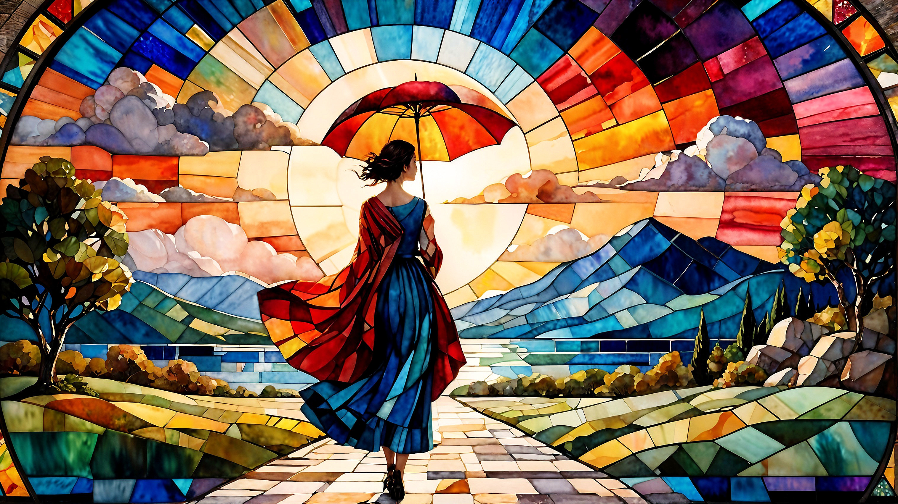 Stained Glass Scene of Woman with Umbrella and Nature
