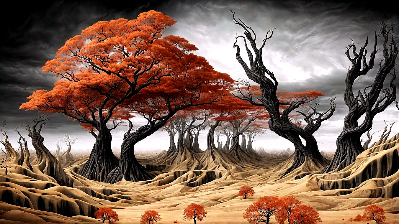 Surreal Landscape with Vibrant Orange and Black Trees