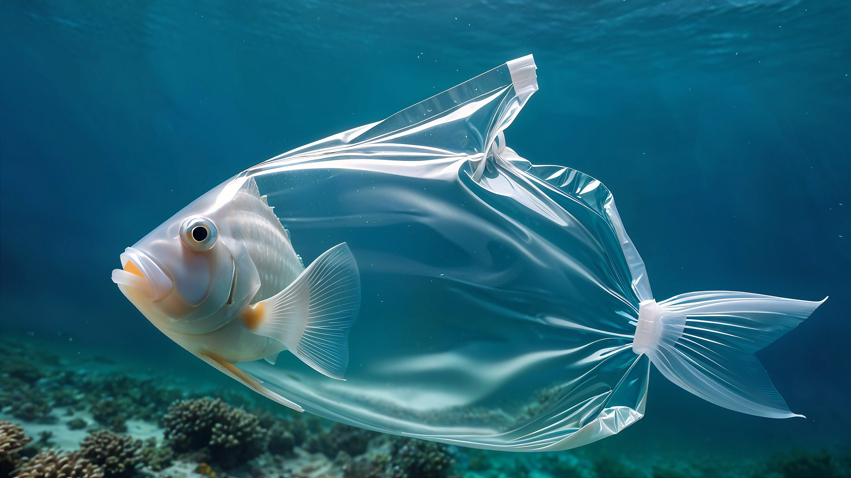 Surreal Underwater Scene of Fish in Plastic Bag