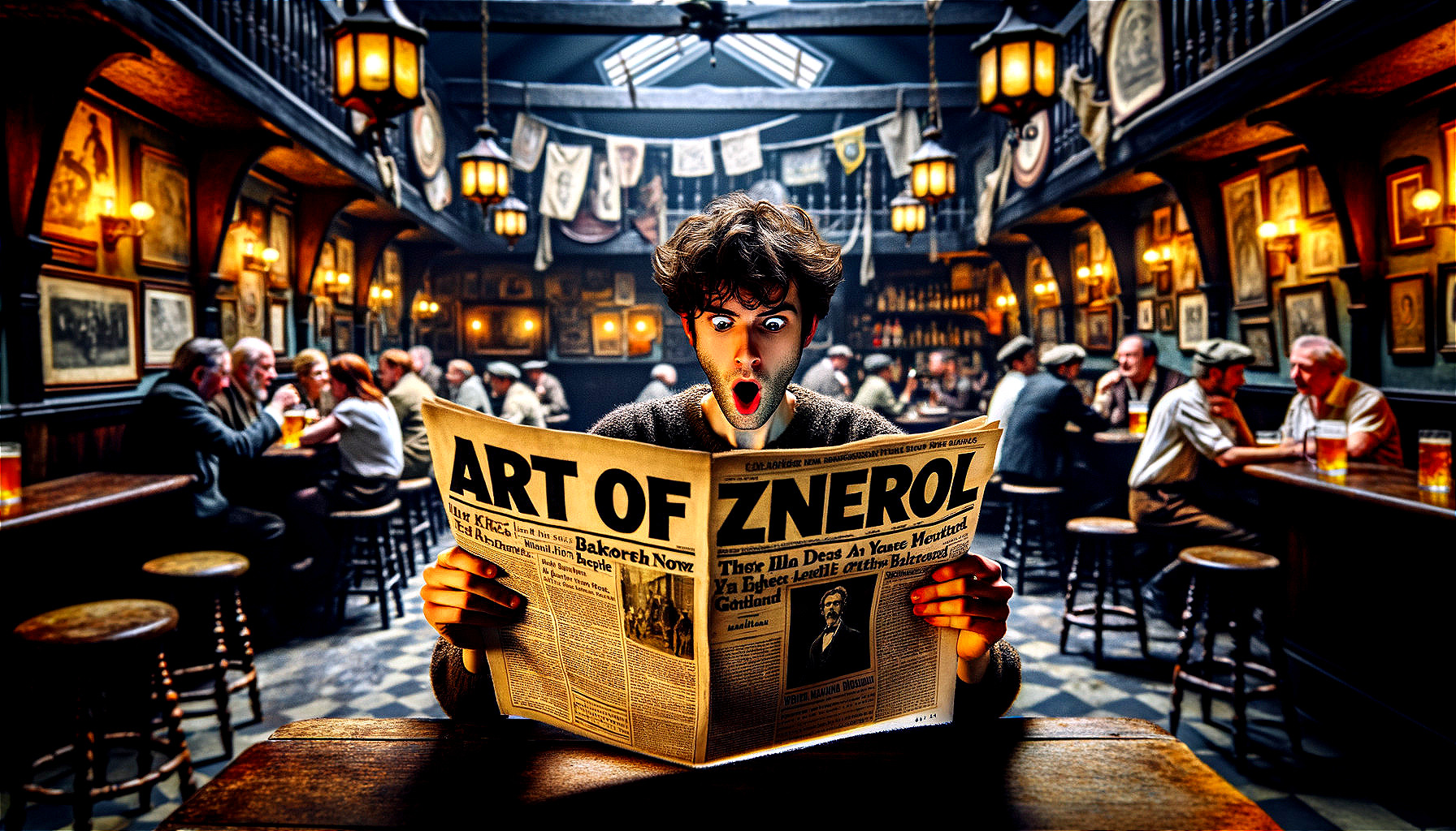 Surprised Man Holding Newspaper in Busy Pub Scene