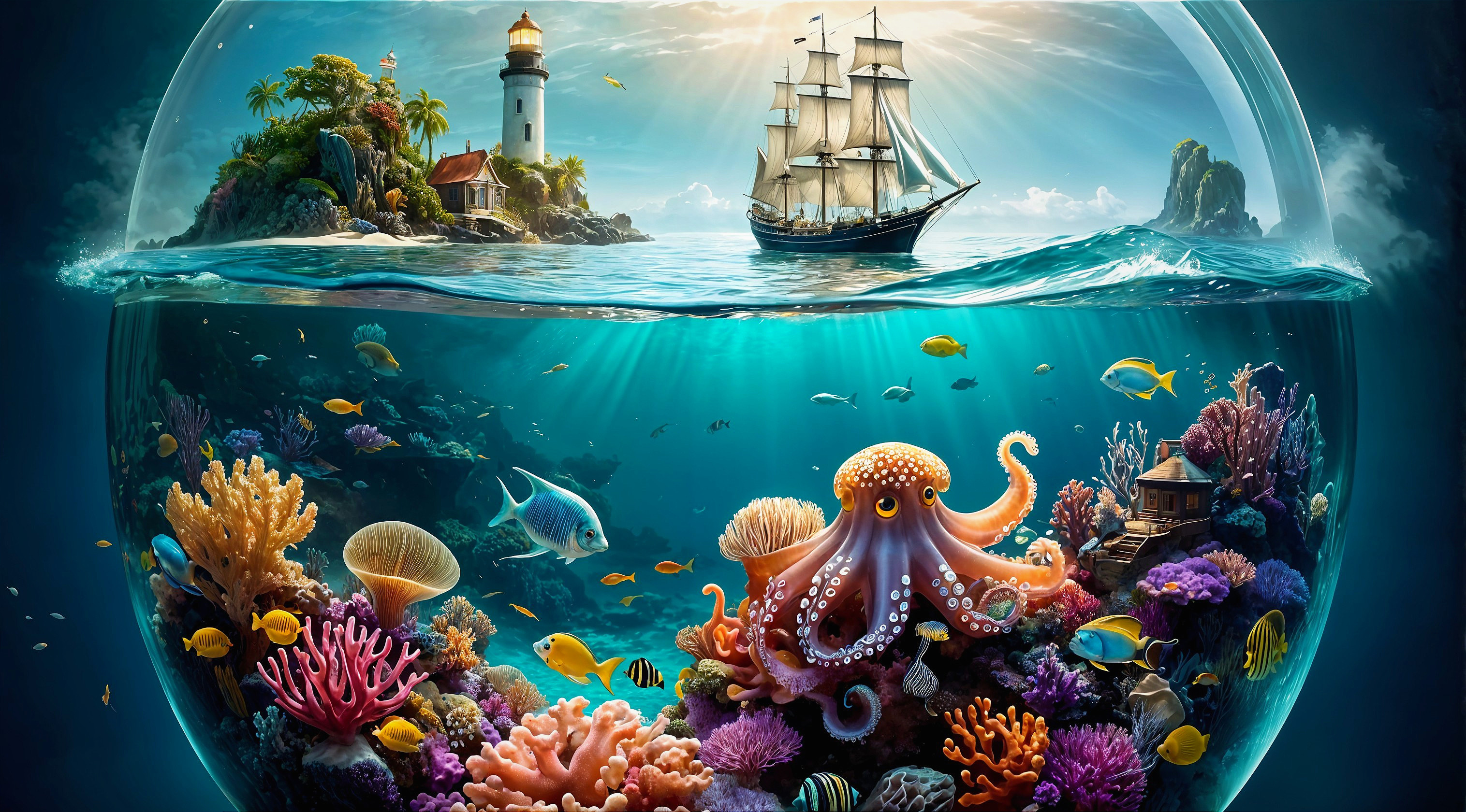 Underwater Coral Reef and Serene Island Landscape