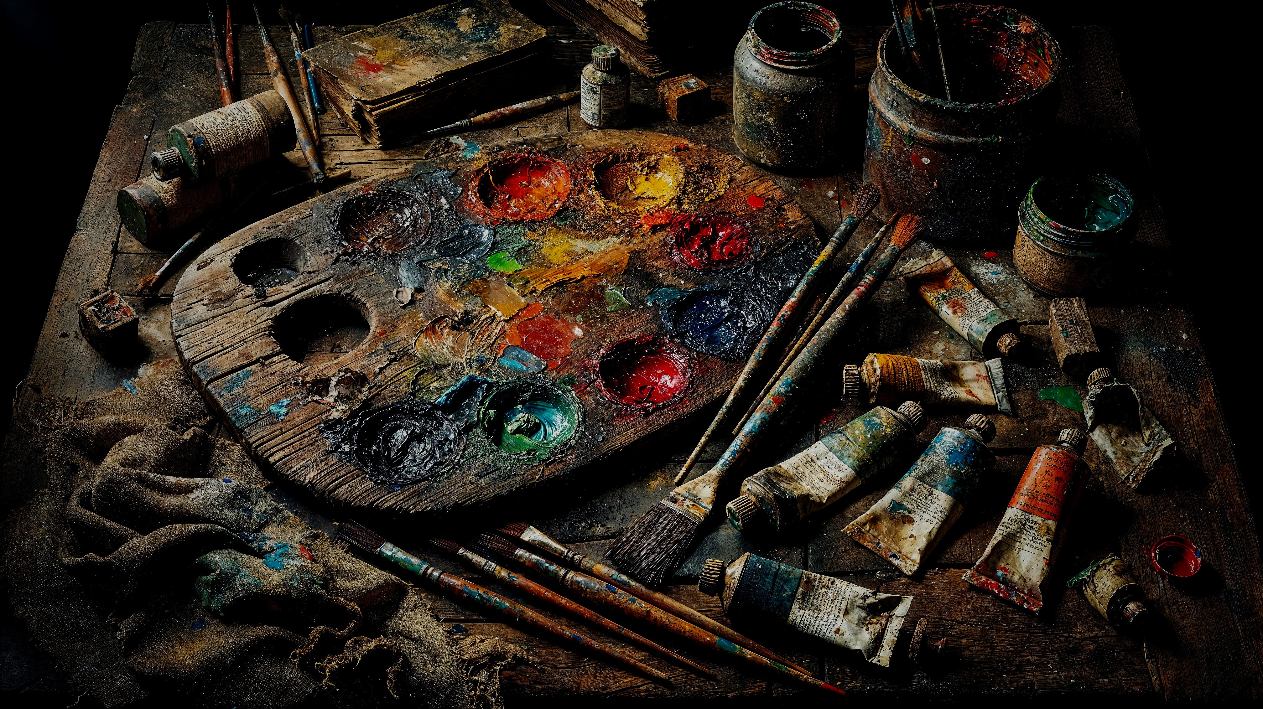 Cluttered Artist Workspace with Paint and Tools