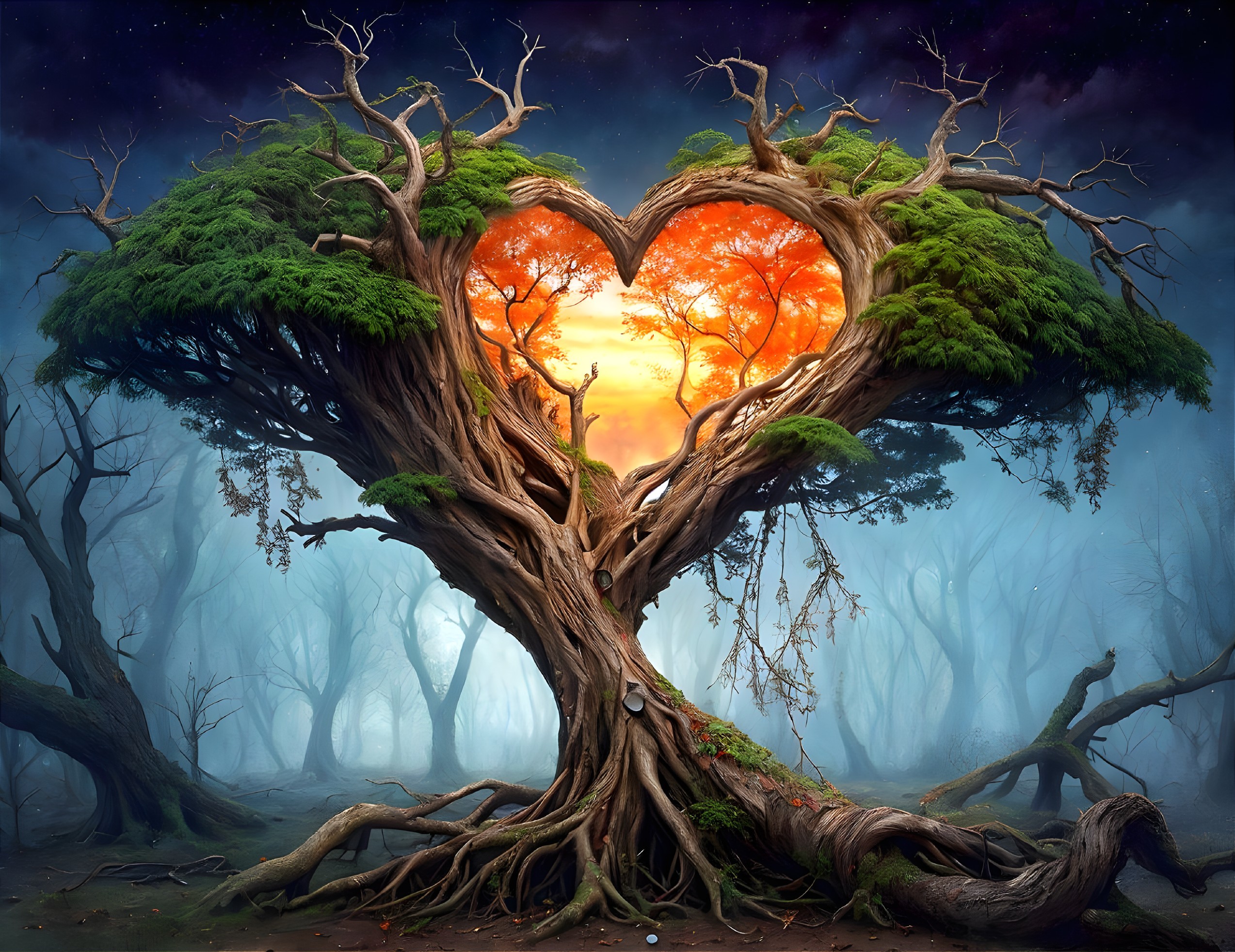 Heart-Shaped Tree with Sunset and Mystical Fog