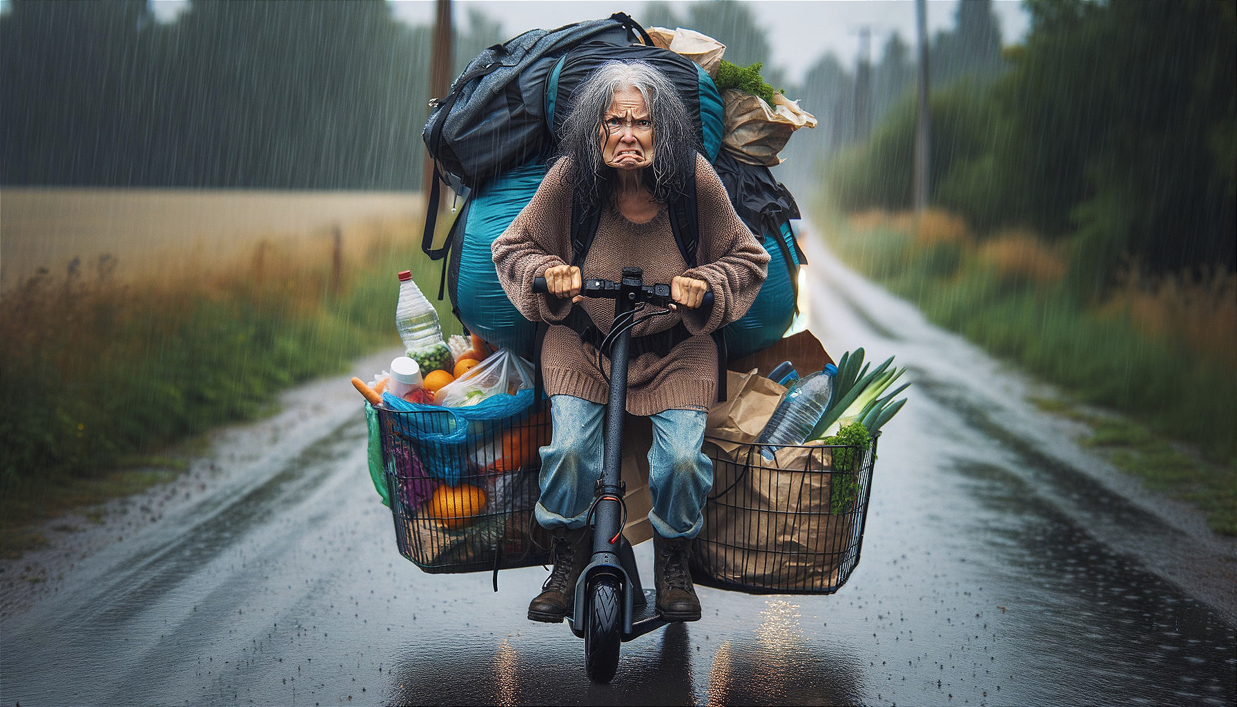 Elderly Woman on Scooter with Groceries in Rainy Landscape