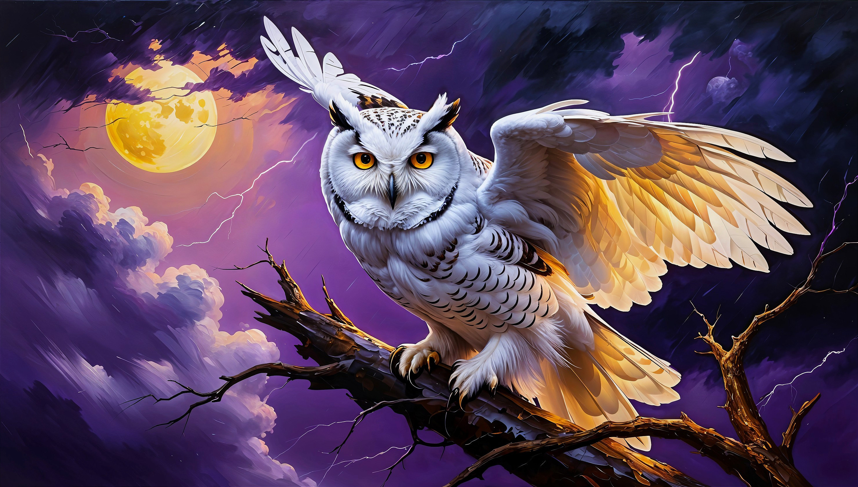 White Owl on Branch Under Stormy Sky and Moonlight