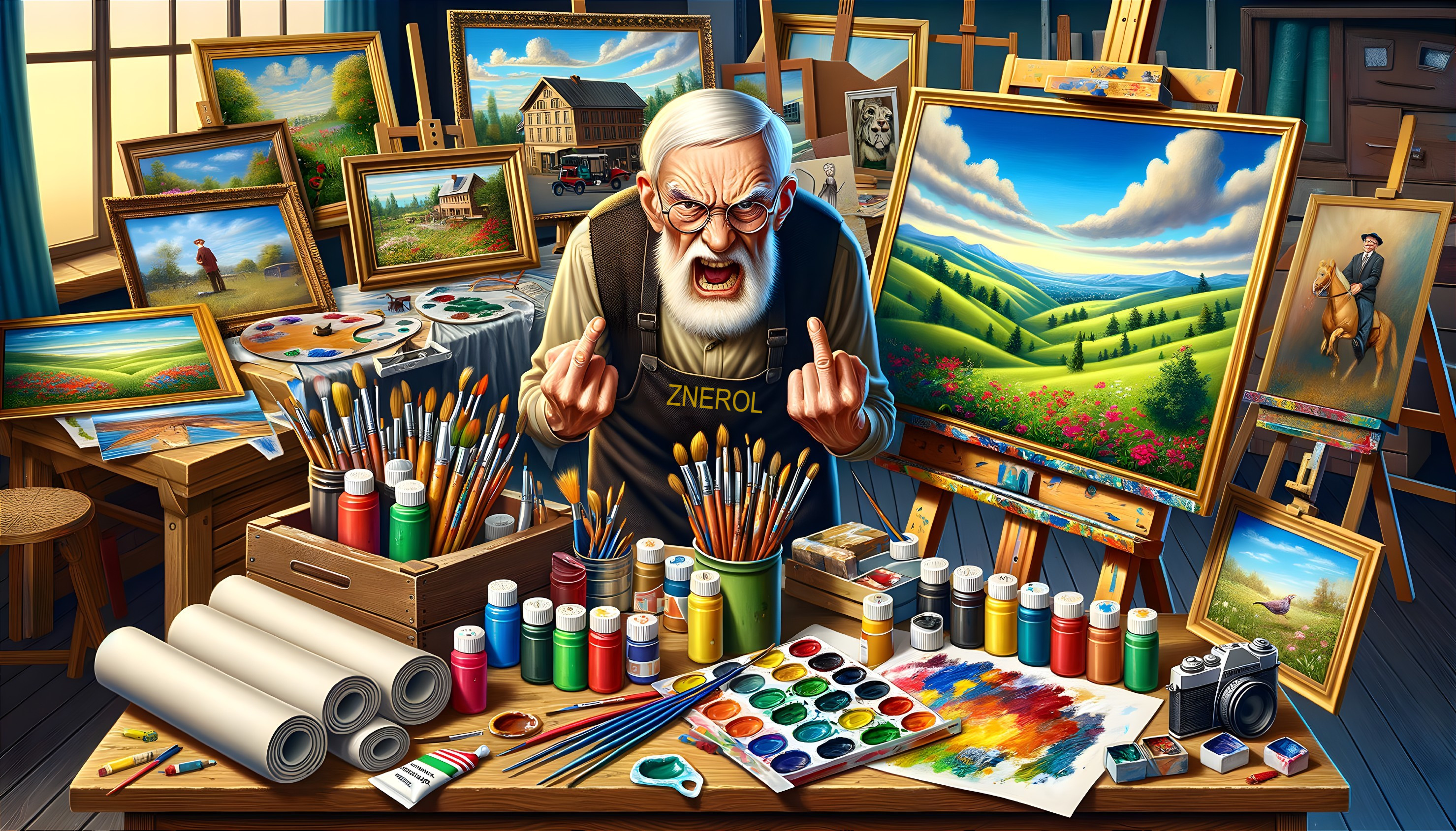 Elderly artist in cluttered studio with vibrant paintings
