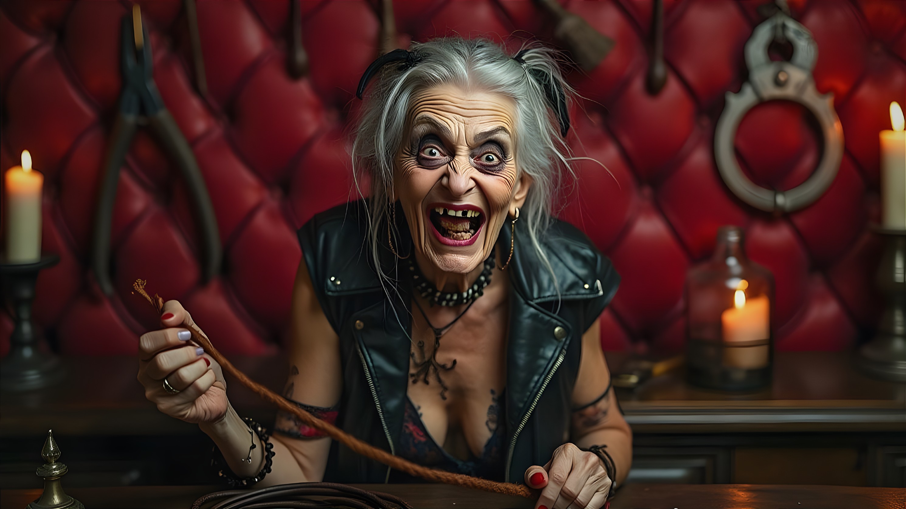 Older Woman with Gray Hair in Leather Vest and Whip