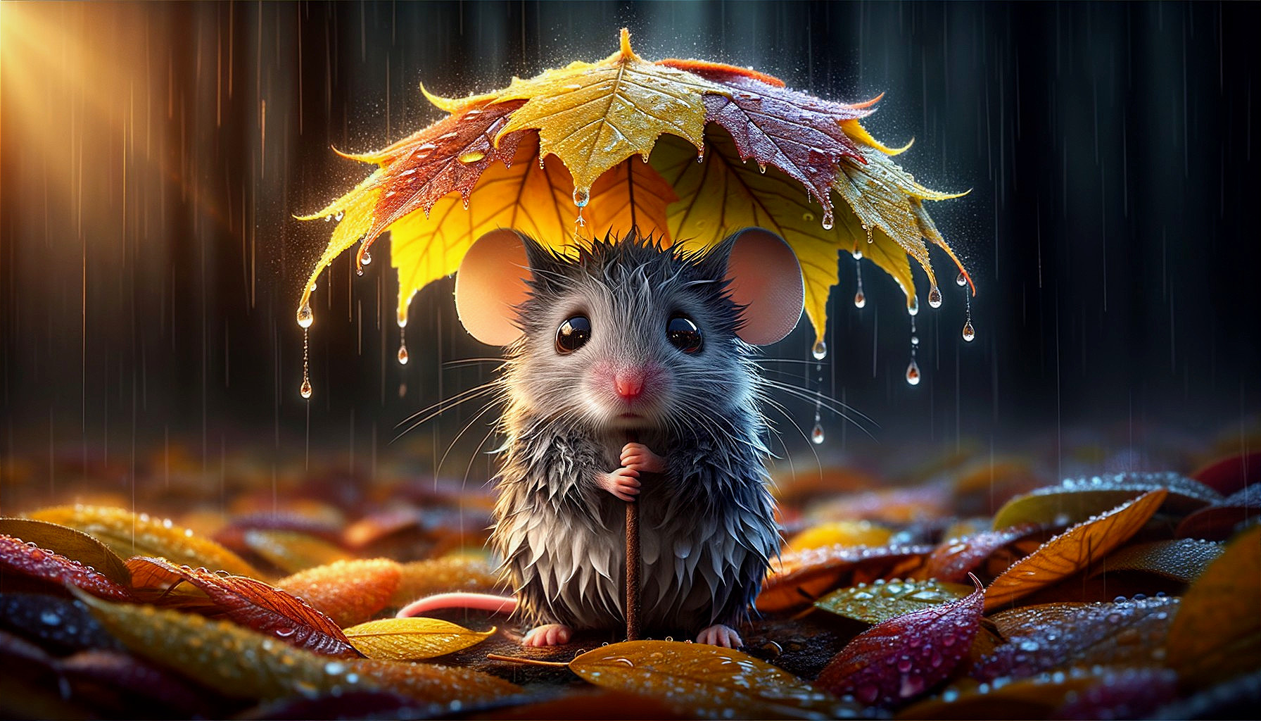 Mouse under yellow leaf umbrella in rainy autumn scene