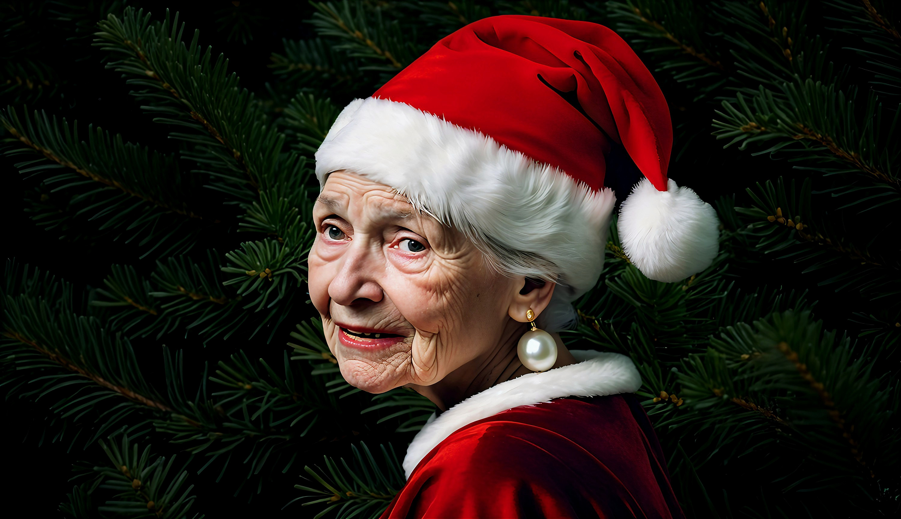 Elderly Woman in Santa Hat with Festive Outfit