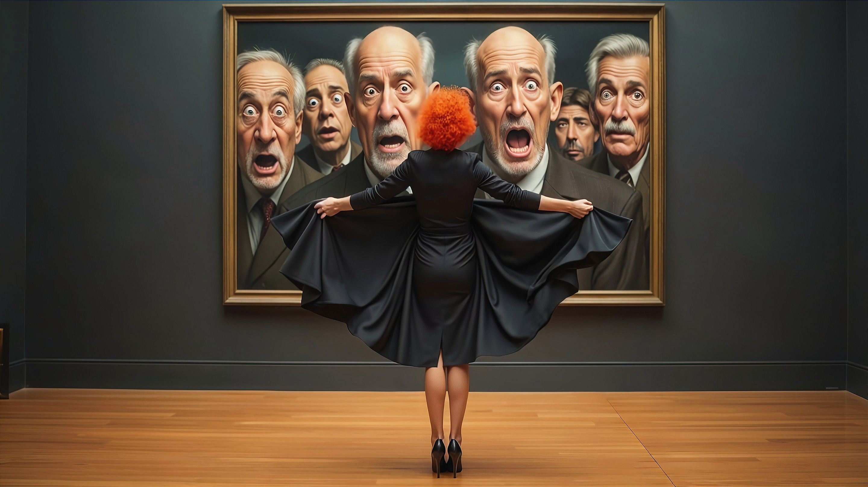 Woman in Black Dress with Orange Hair in Art Gallery