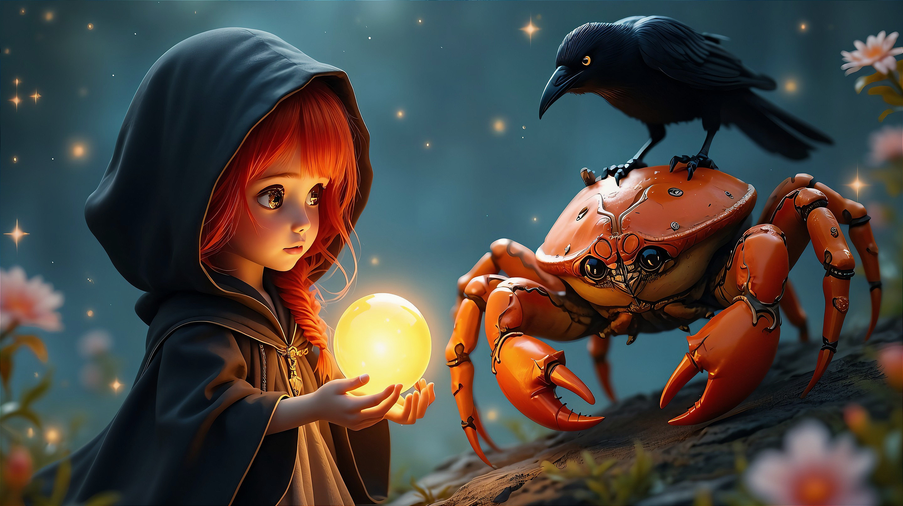 Mystical forest scene with girl, crab, and crow
