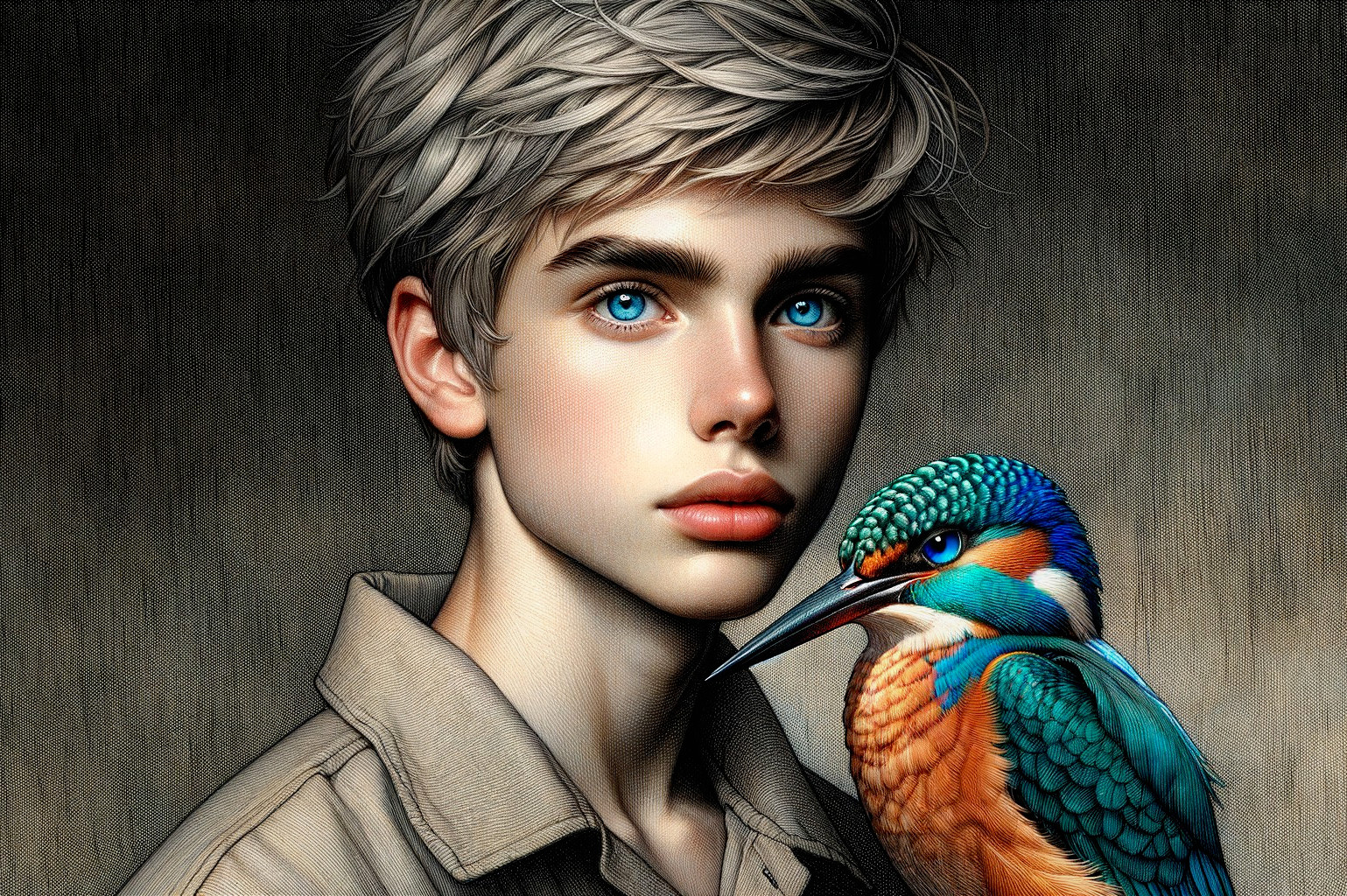 Portrait of a Boy with a Colorful Kingfisher Bird