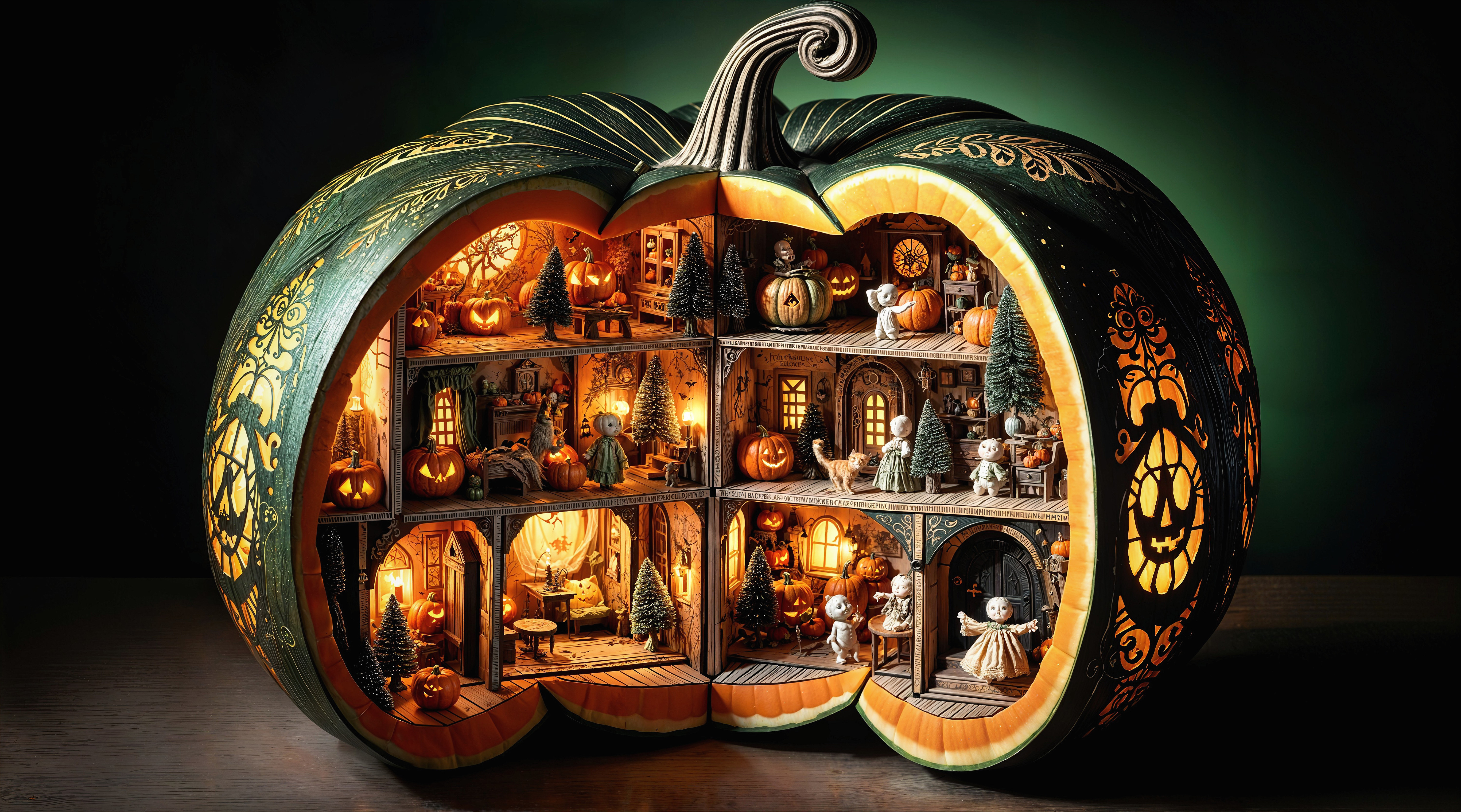 Intricate Halloween Diorama in a Carved Pumpkin