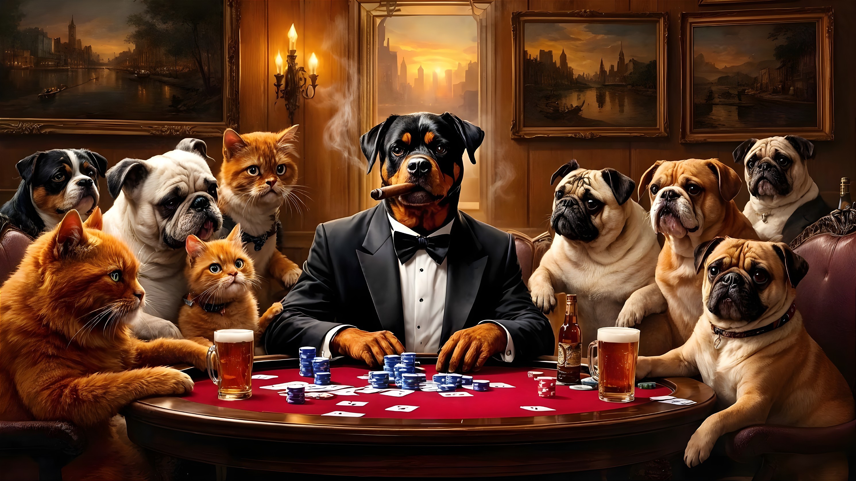 Rottweiler in Tuxedo at Poker Table with Pets