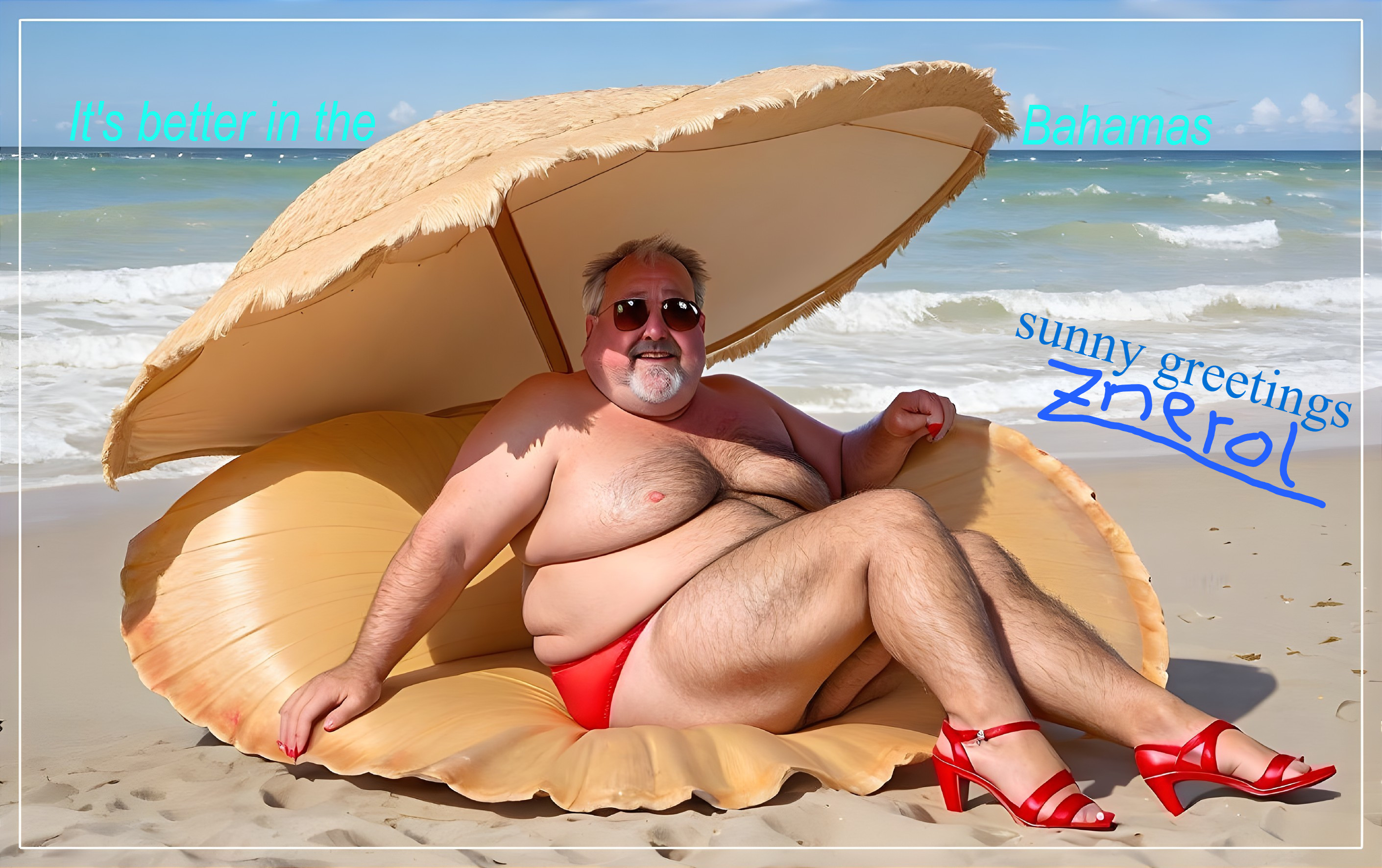 Cheerful man in clam shell on vibrant beach scene