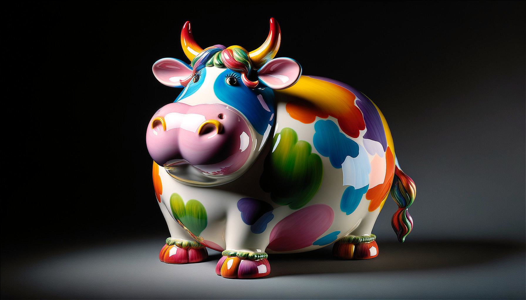 Colorful Cartoon Cow with Vibrant Spots on Dark Background