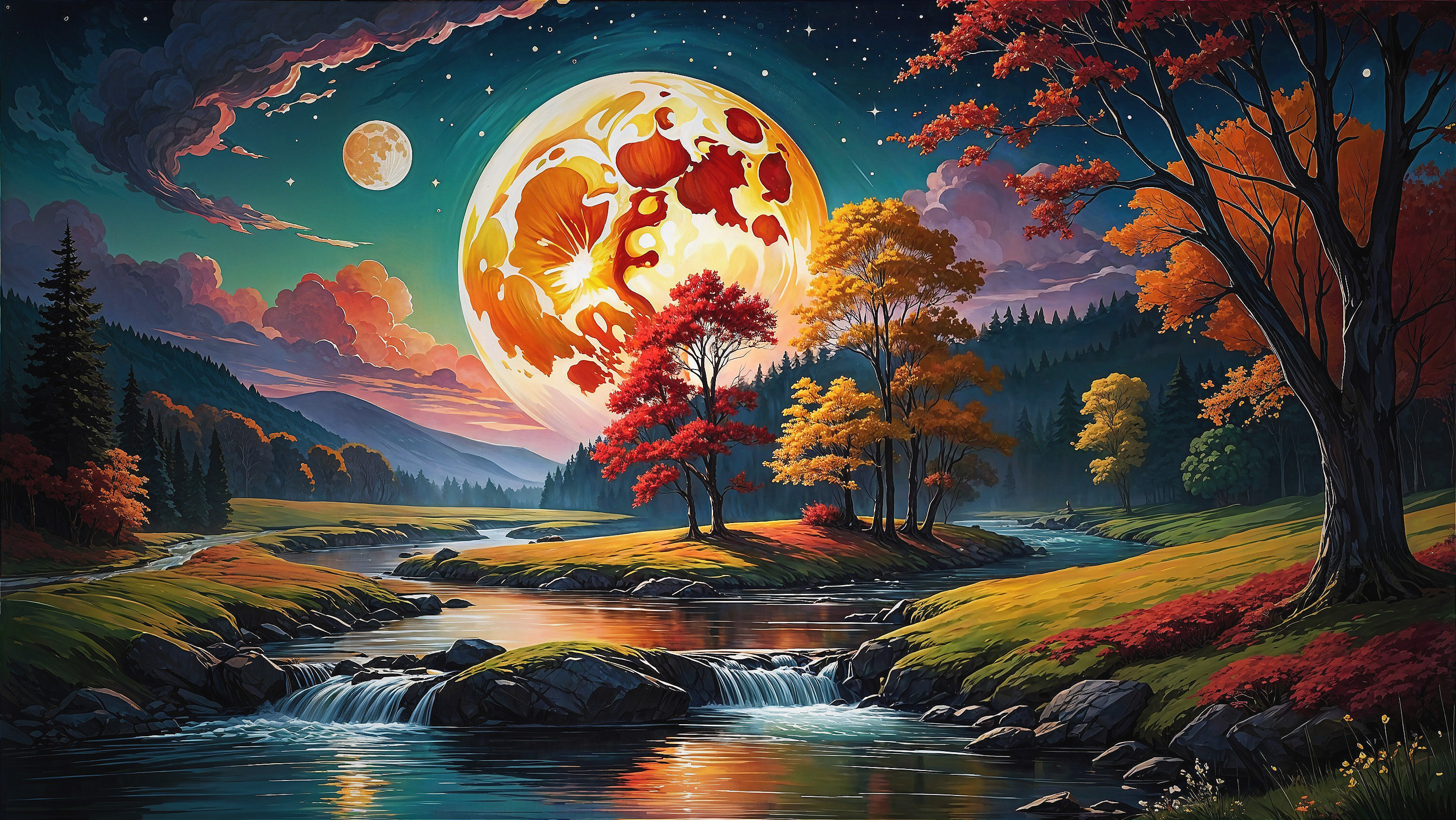 Vibrant Autumn Landscape with River and Moonlit Sky