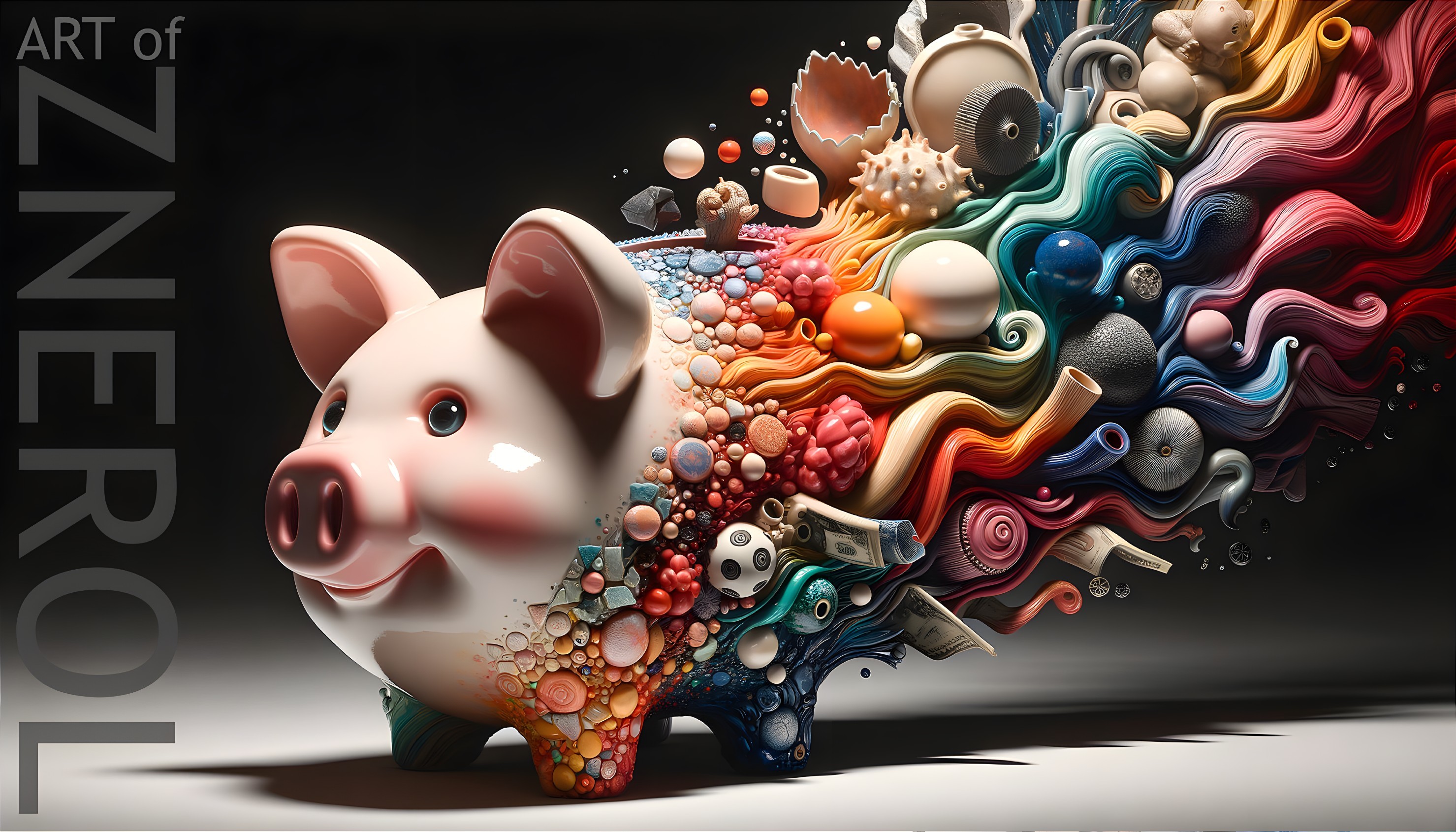 Colorful Piggy Bank Artwork with Vibrant Explosion