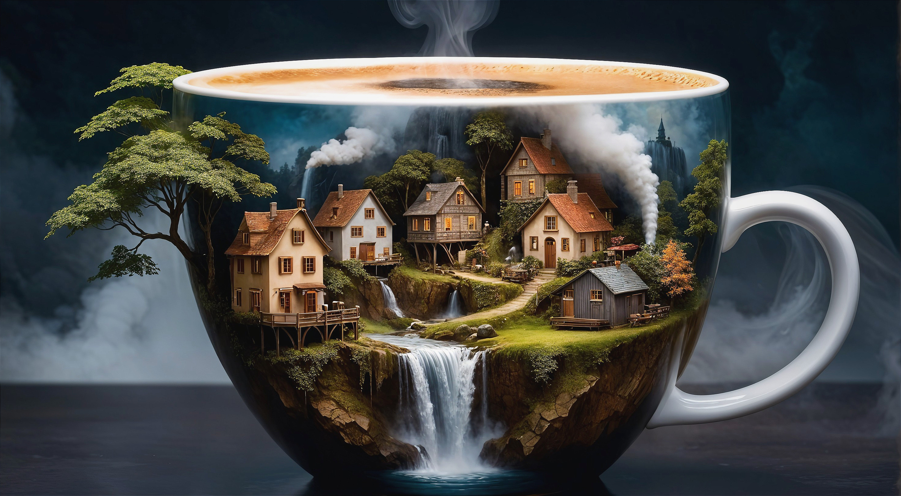 Whimsical Coffee Cup with Charming Cottages and Waterfall