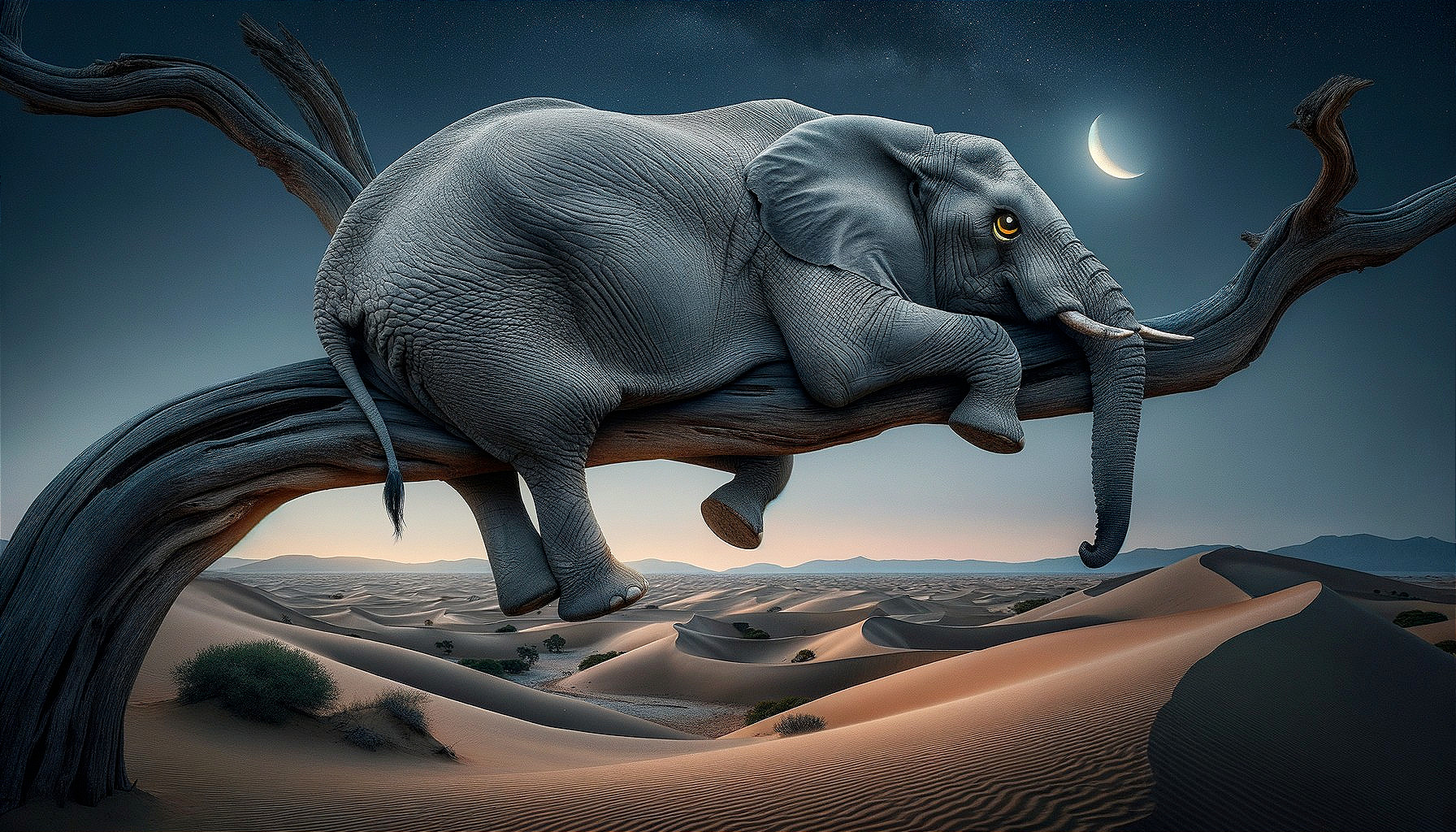 Surreal Elephant on Tree Branch in Desert Nightscape