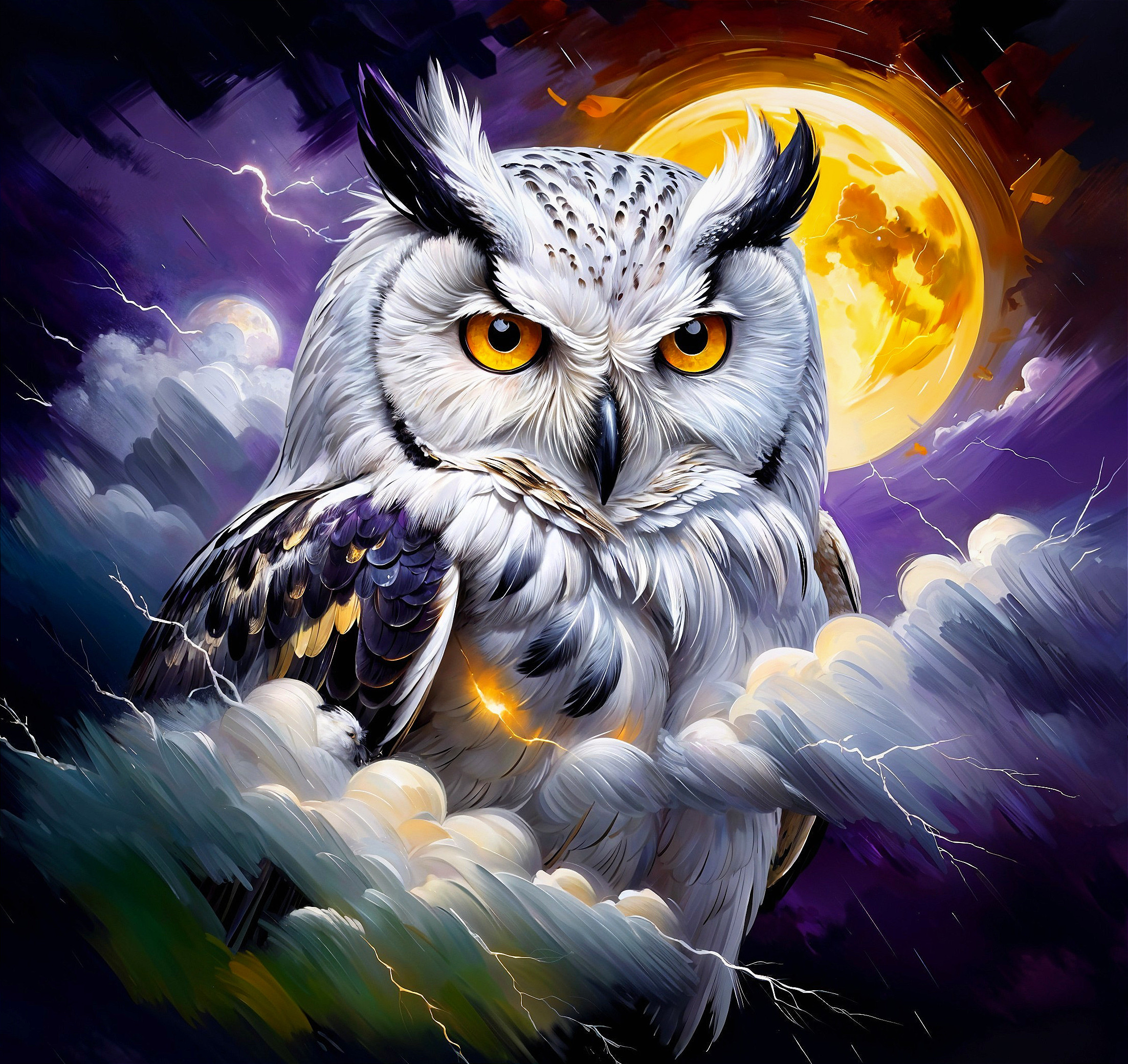 Detailed owl in a mystical stormy night scene