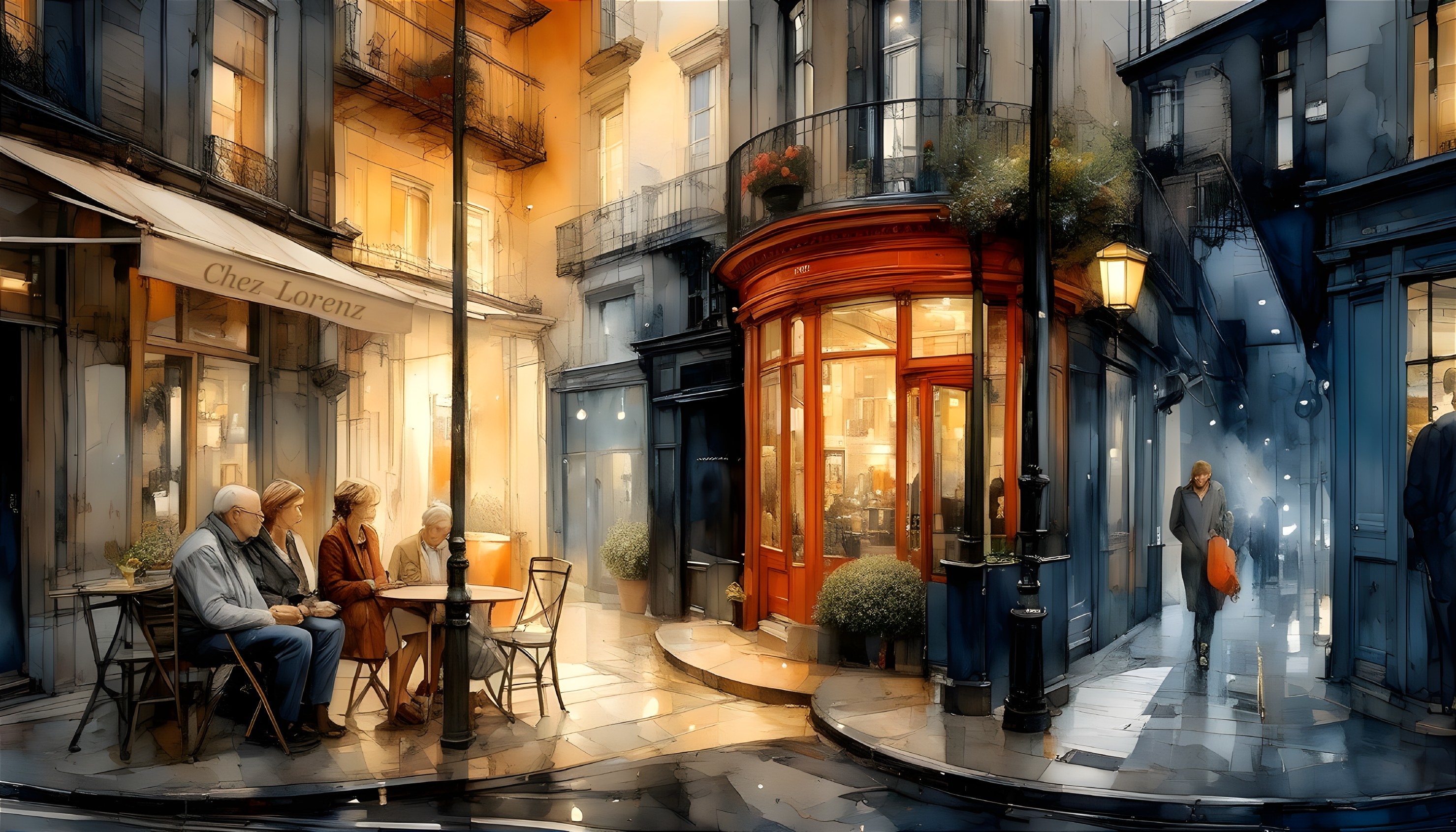 Cozy café scene with charming architecture and greenery