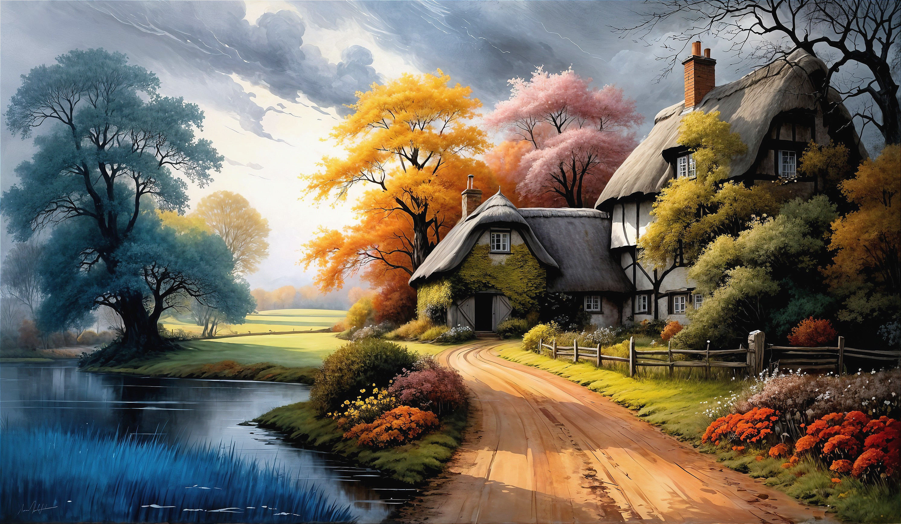 Autumn Landscape with Cottage and Vibrant Foliage
