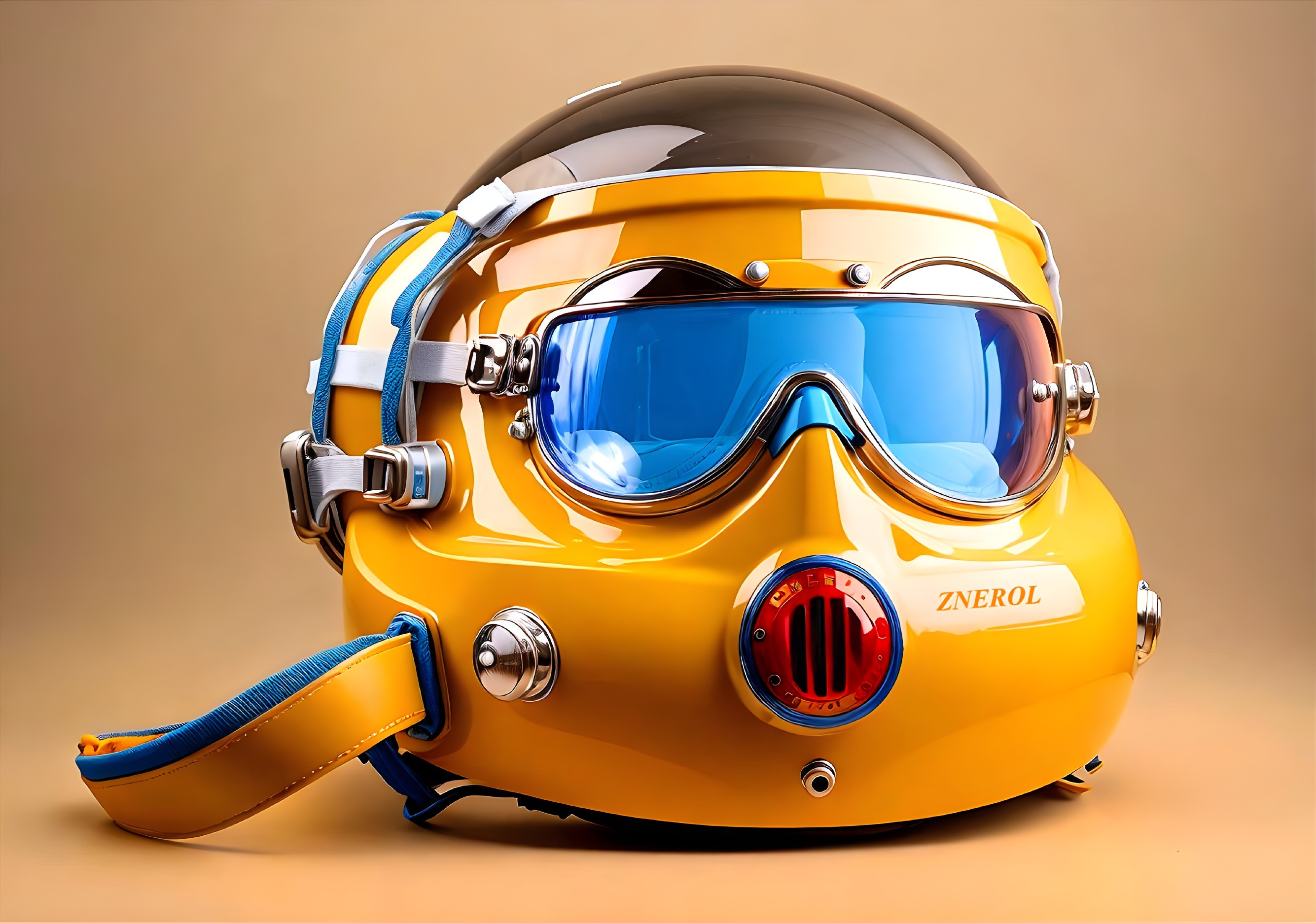 Yellow Retro Motorcycle Helmet with Goggles and Chin Strap on Tan Background