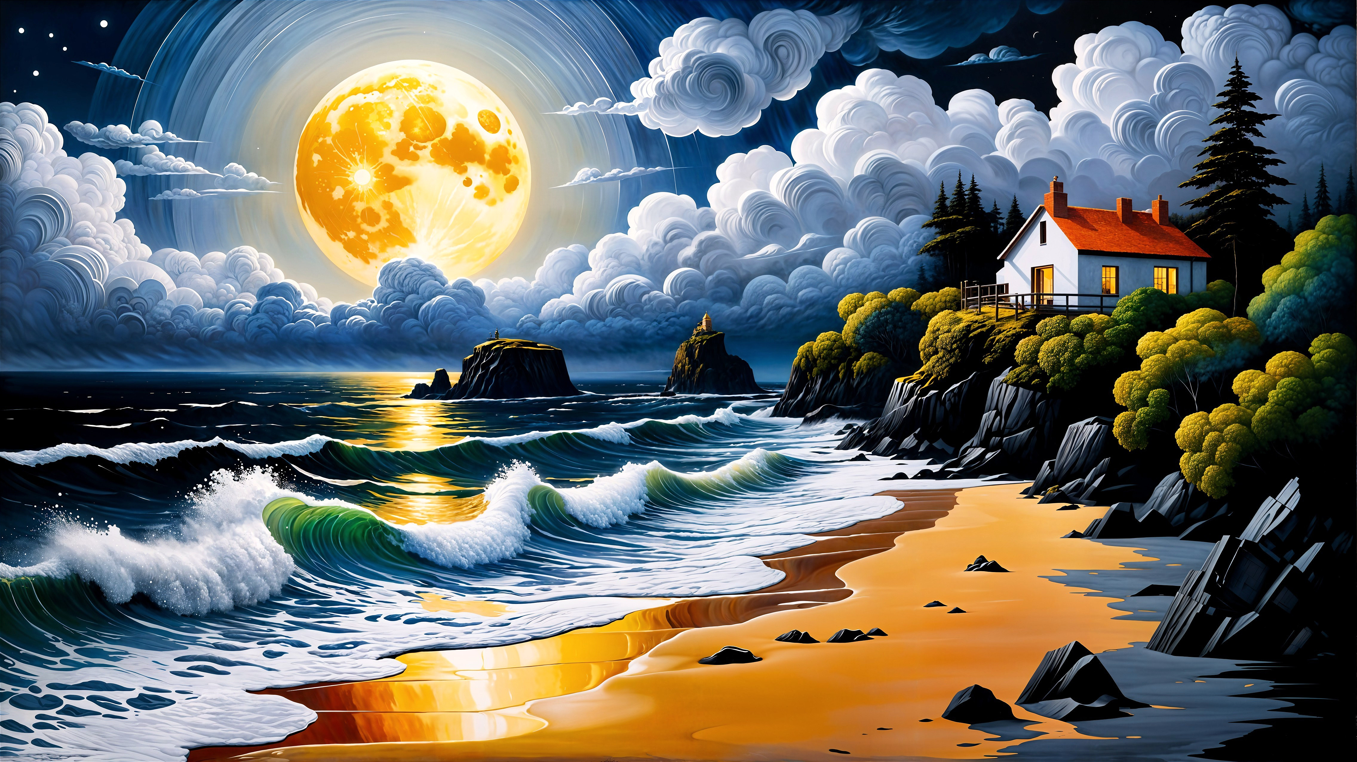Coastal Dusk Scene with Full Moon and Gentle Waves