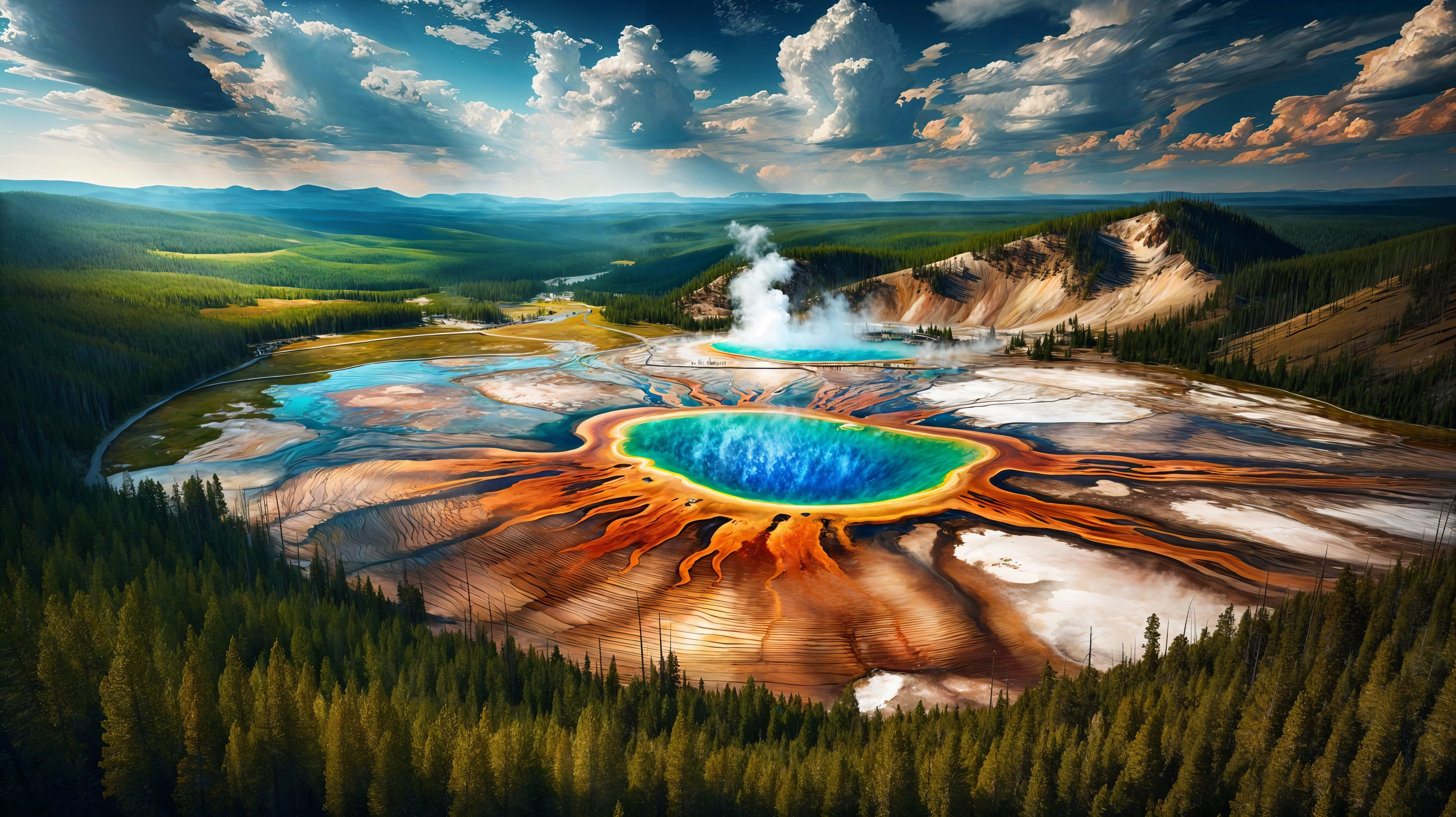 Aerial View of Colorful Hot Springs and Terraces