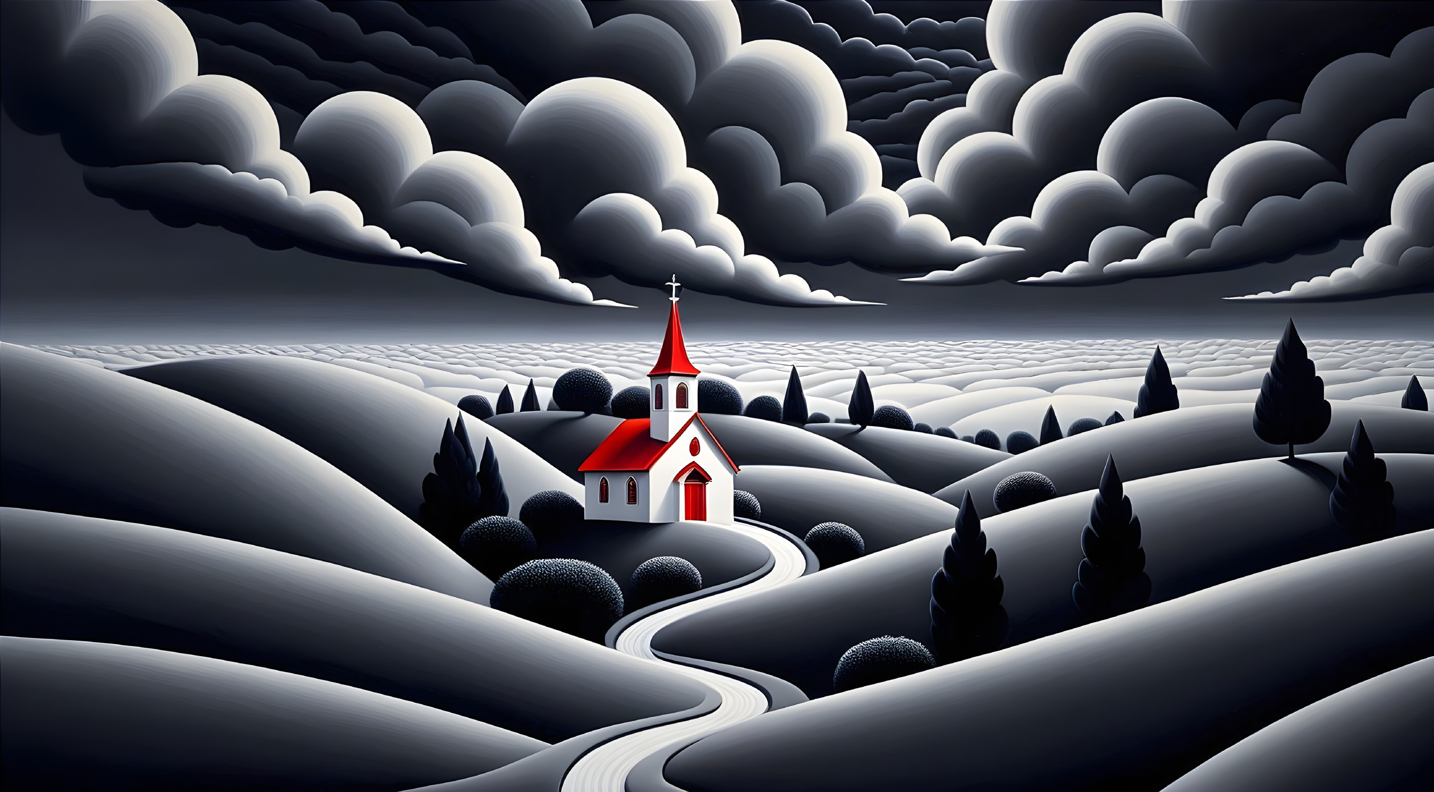 Serene Black and White Church Landscape