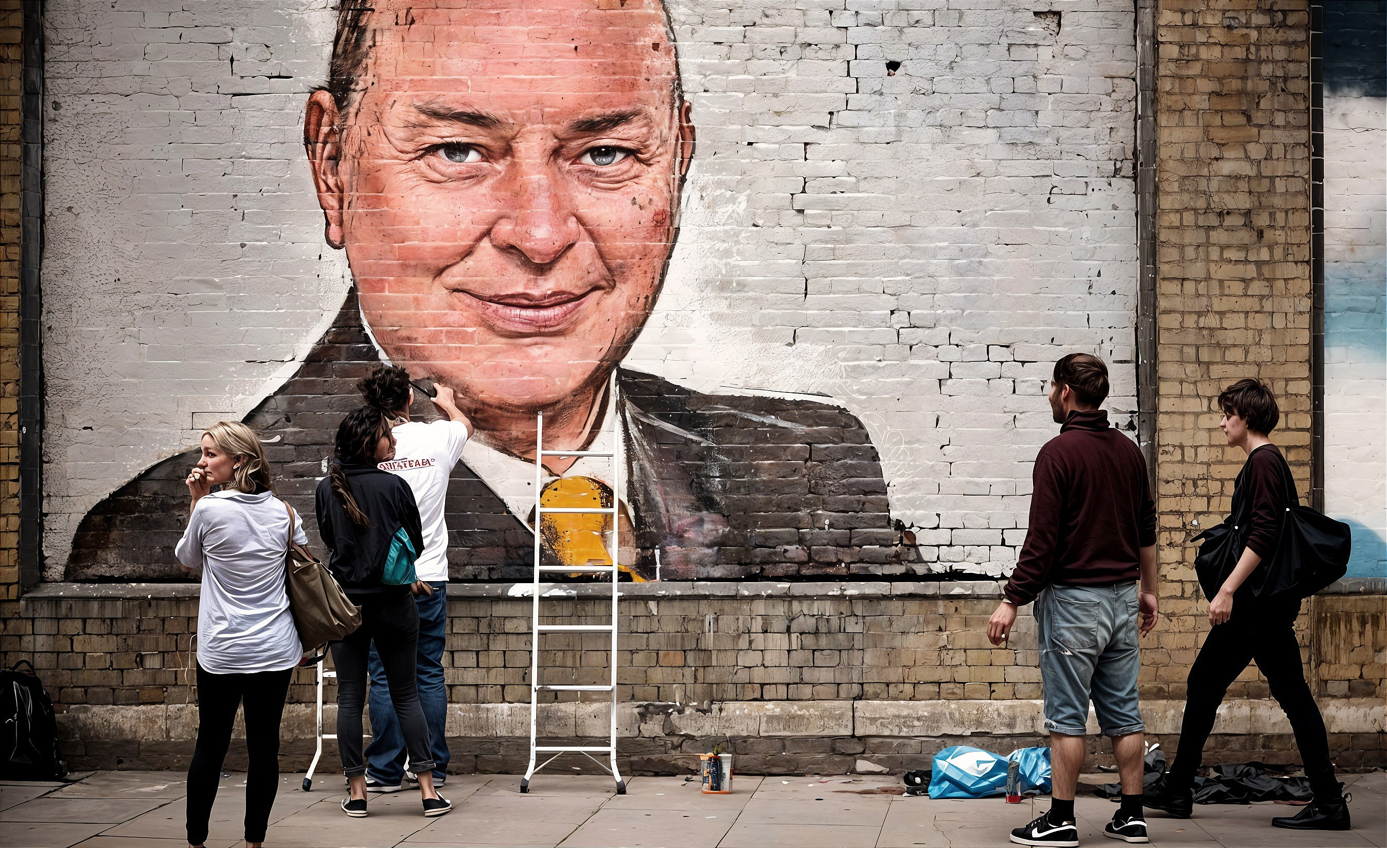 Large Mural of Smiling Man on Brick Wall with Observers