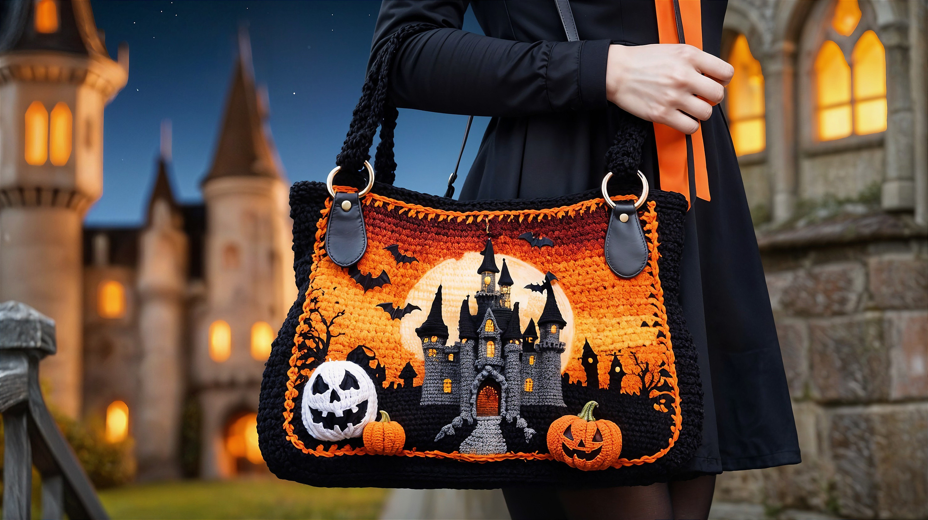 Halloween Themed Handbag with Castle and Jack-o'-Lantern