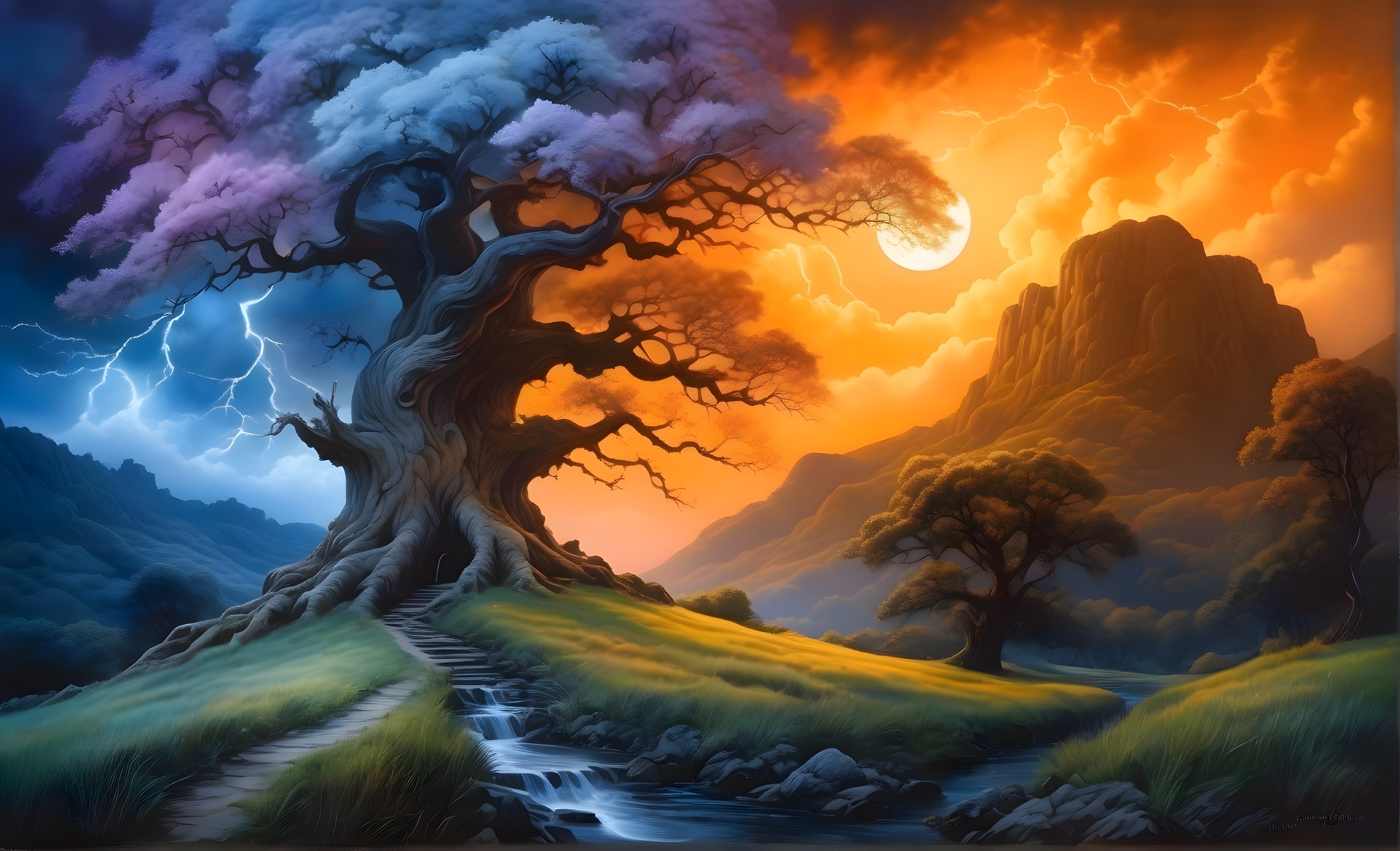 Majestic tree, winding path, stream, dramatic sky with lightning and setting sun