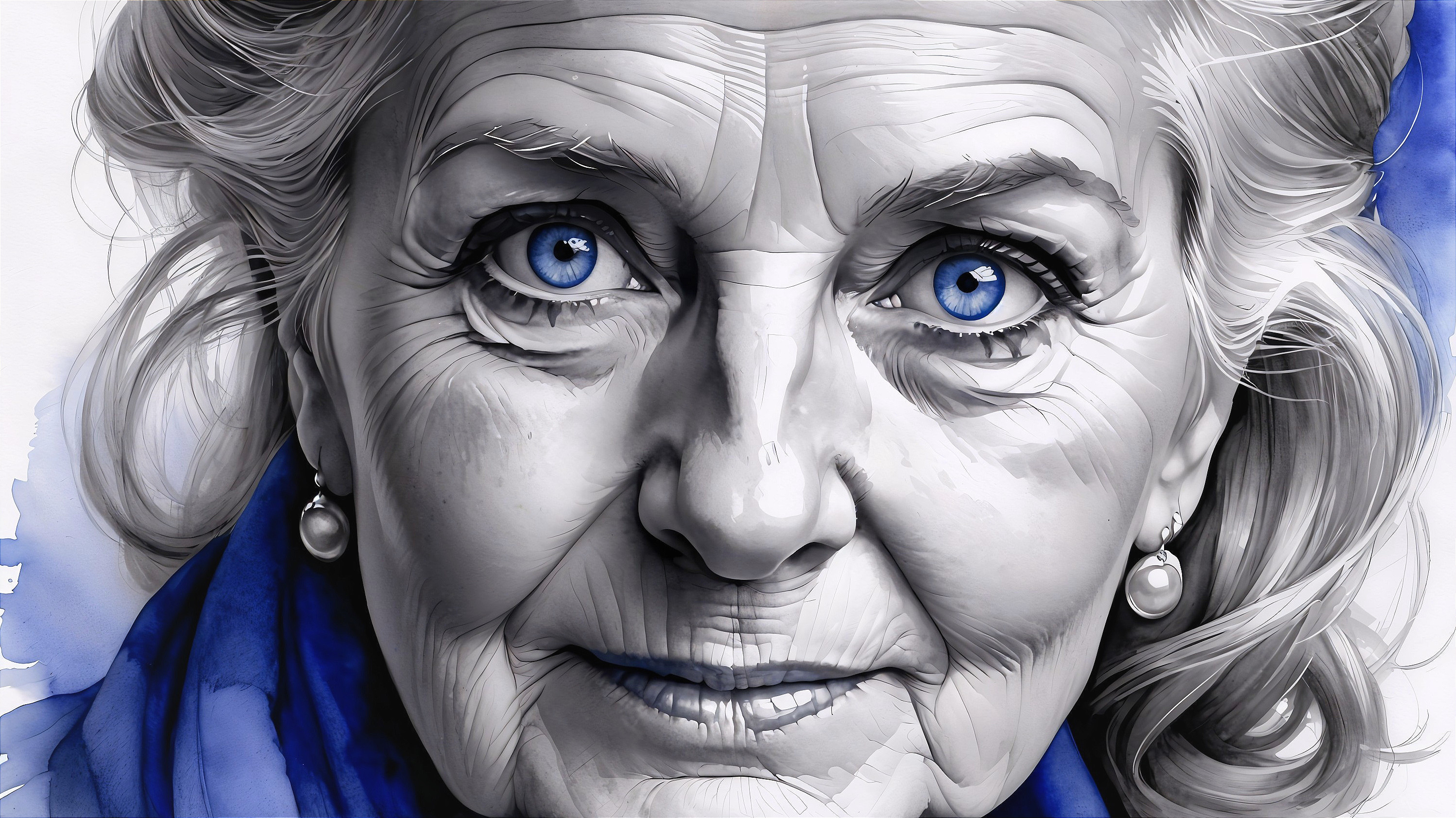 Close-up of an elderly woman with blue eyes and wrinkles