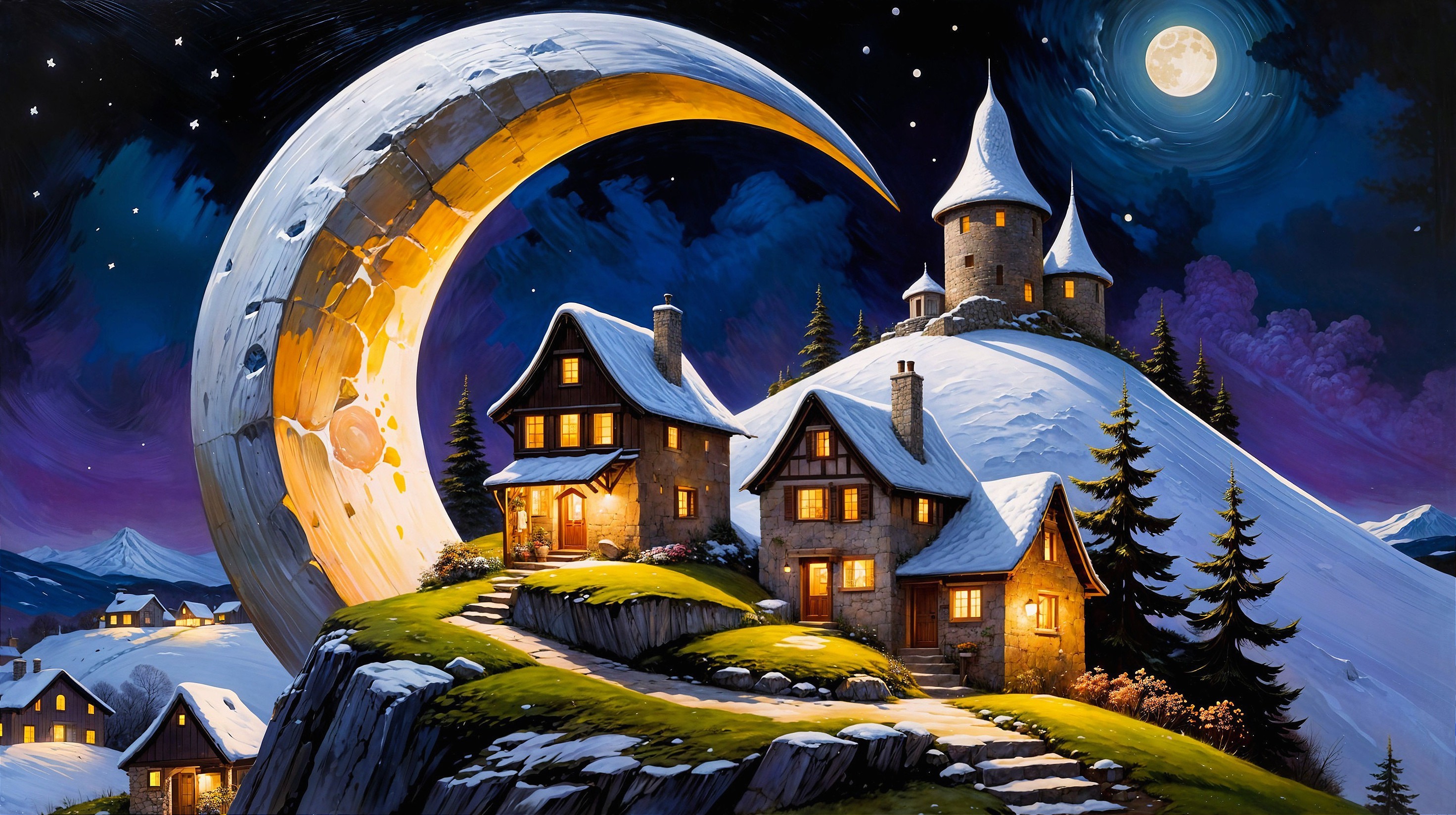 Whimsical Winter Landscape with Crescent Moon and Castle