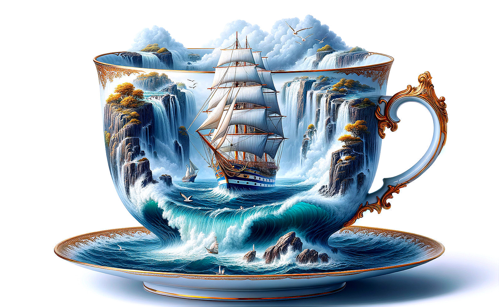 Teacup Design Featuring Sailing Ship and Vibrant Landscape
