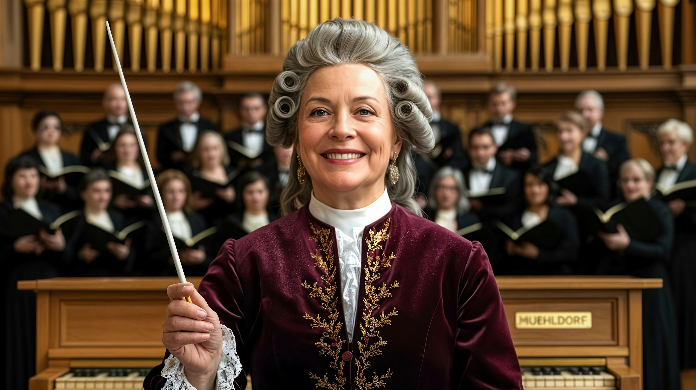 Vintage Conductor Directing Choir in Elegant Hall