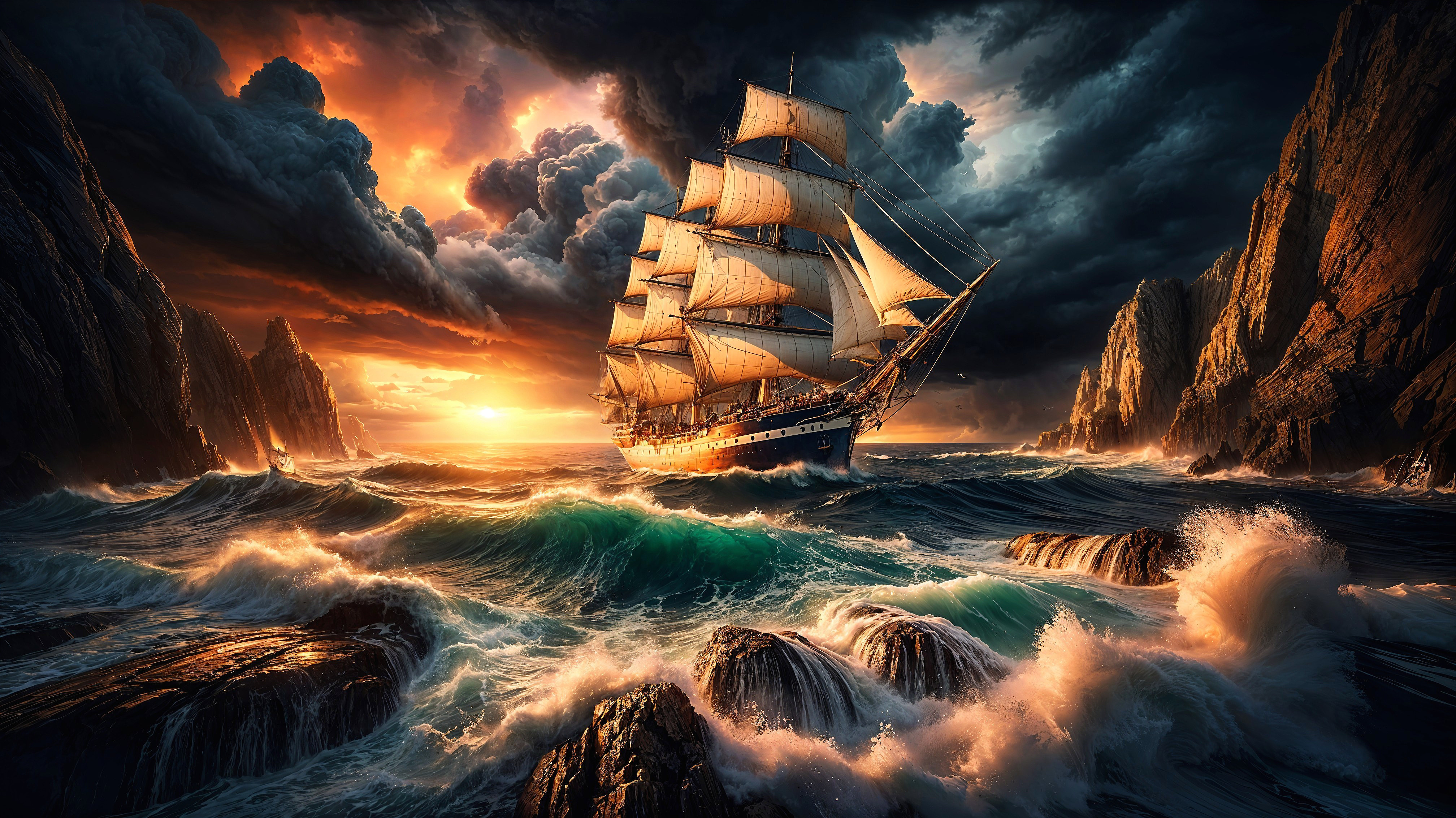 Majestic ship navigating turbulent seas and cliffs