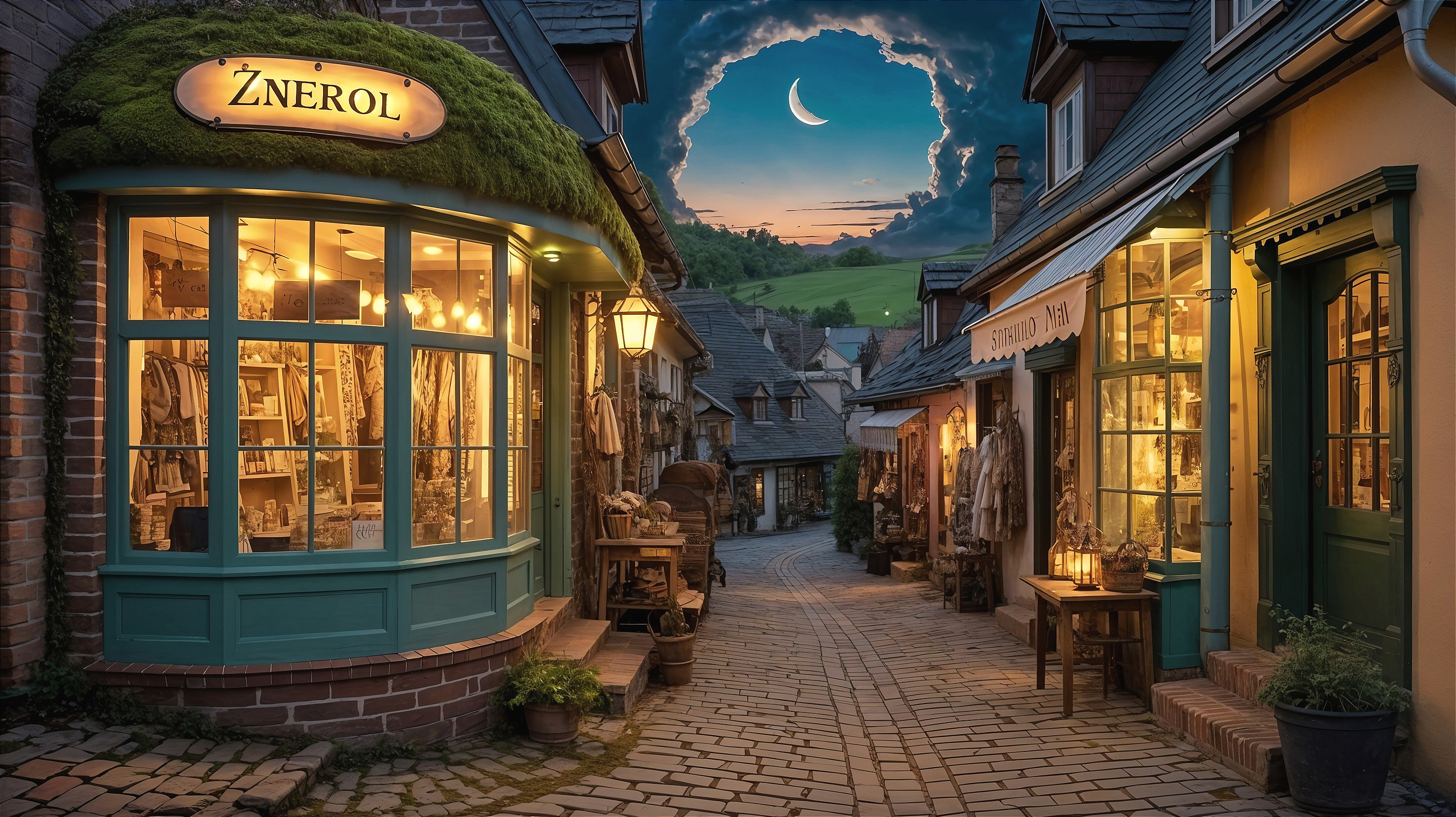 Charming Cobblestone Street with Quaint Shops and Moon