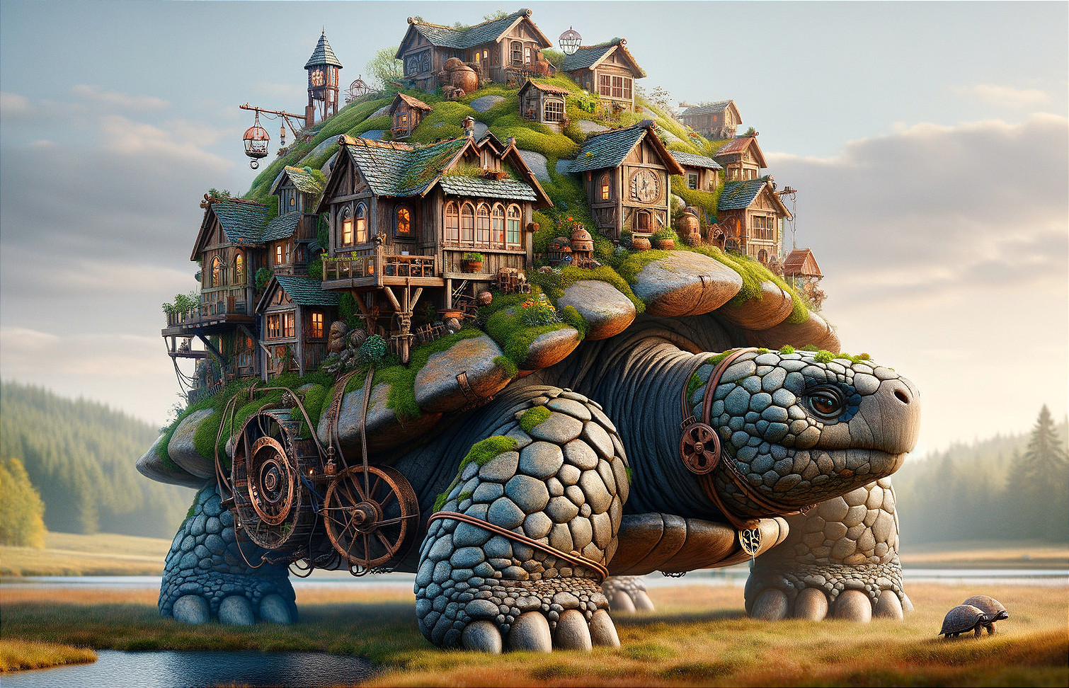 Giant Turtle with Multi-Story House on Its Shell