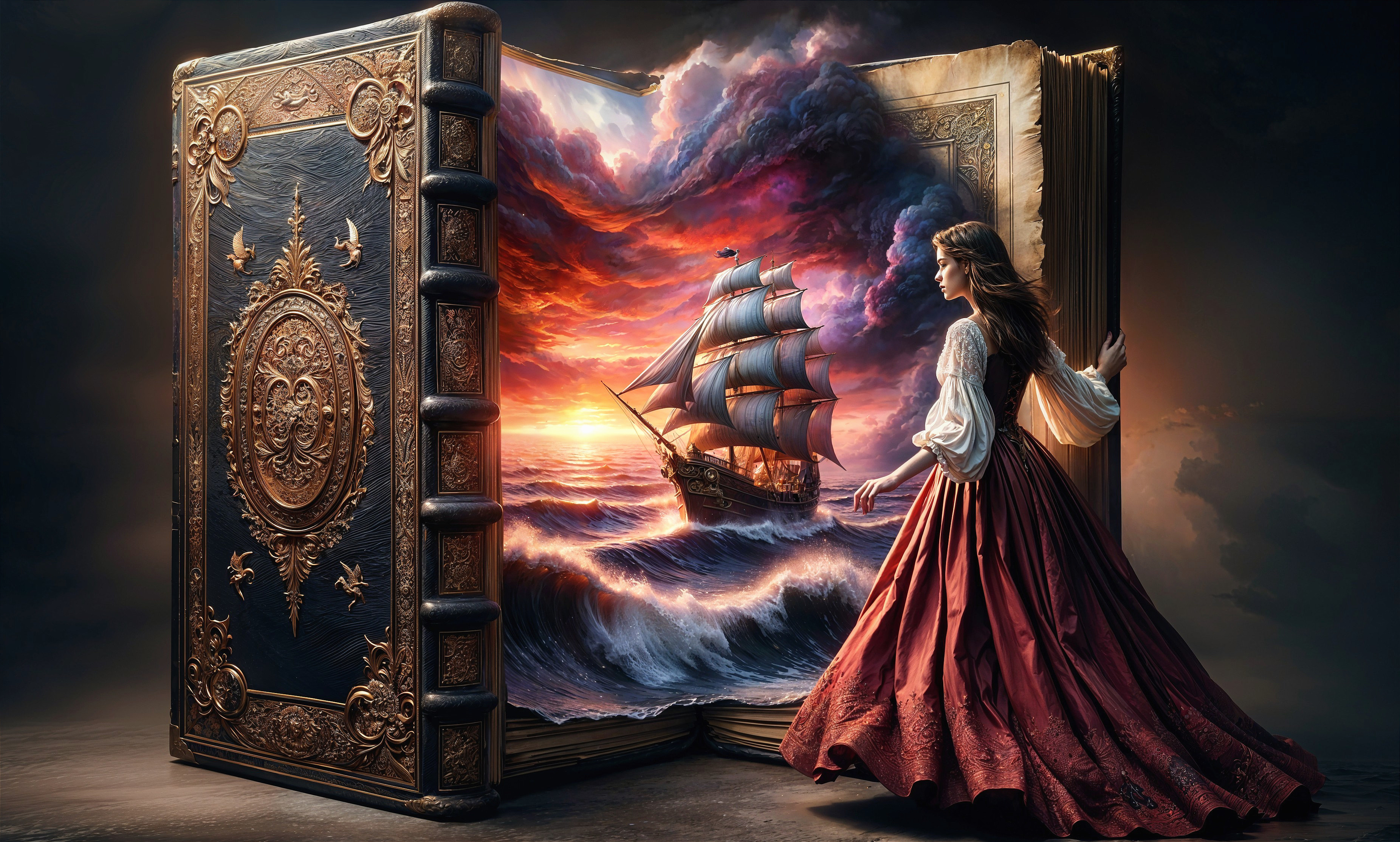 Oversized Book Depicting Seascape and Sunset Scene