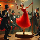 Glamorous Cabaret Scene with Dancer and Tuxedoed Men