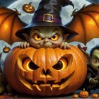 Whimsical Halloween Scene with Goblin and Pumpkin