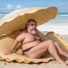Cheerful man in clam shell on vibrant beach scene
