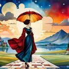 Stained Glass Scene of Woman with Umbrella and Nature