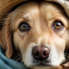Golden Retriever in Straw Hat and Floral Scarf