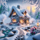 Winter Cabin Scene with Snow-Covered Trees