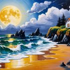 Coastal Dusk Scene with Full Moon and Gentle Waves